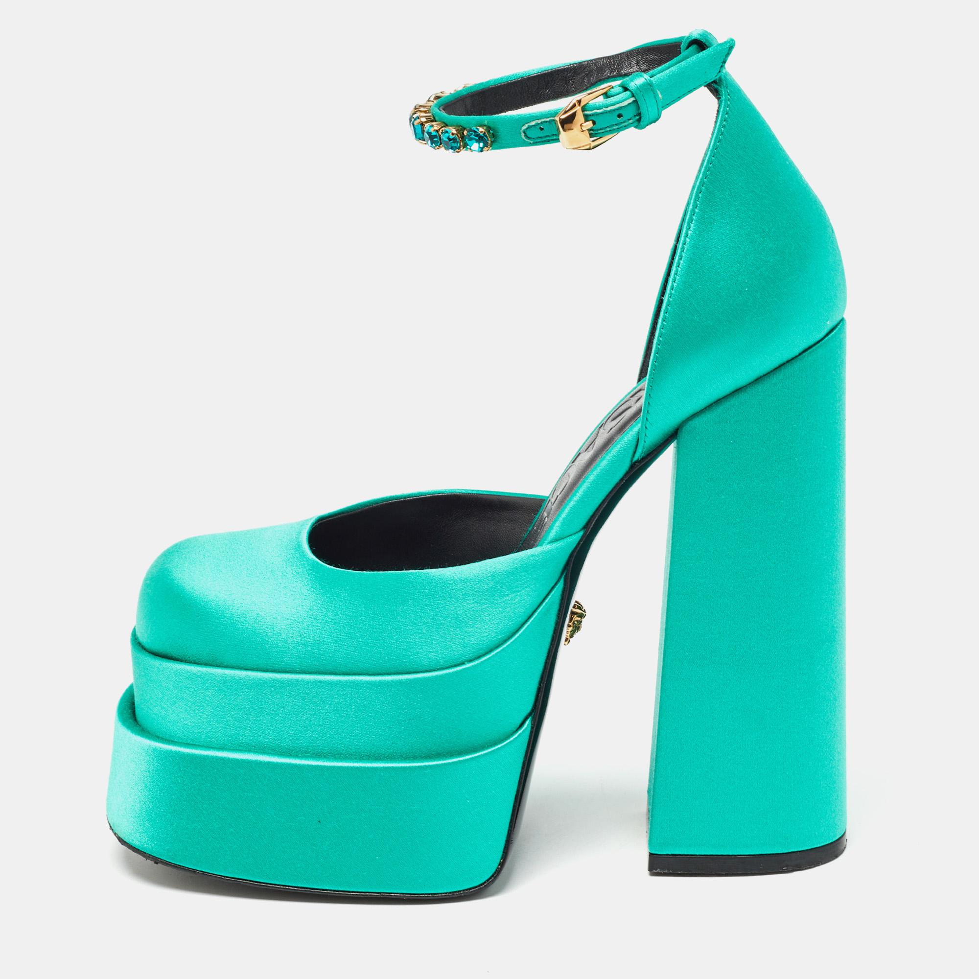 Versace green satin aevitas block heel ankle strap pumps size 35.5