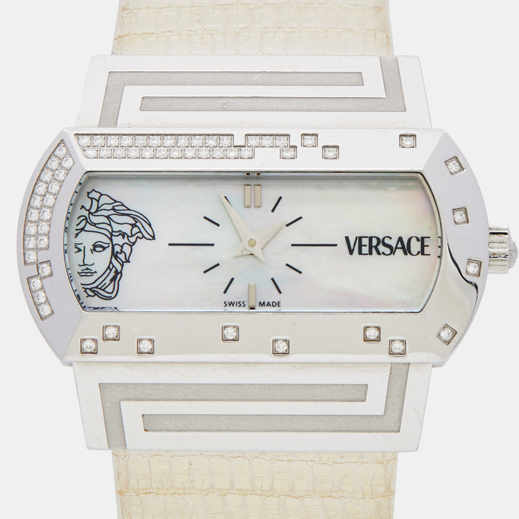 Versace Mother Of Pearl Diamond Stainless Steel Lizard PSQ99 Women's Wristwatch 40 Mm