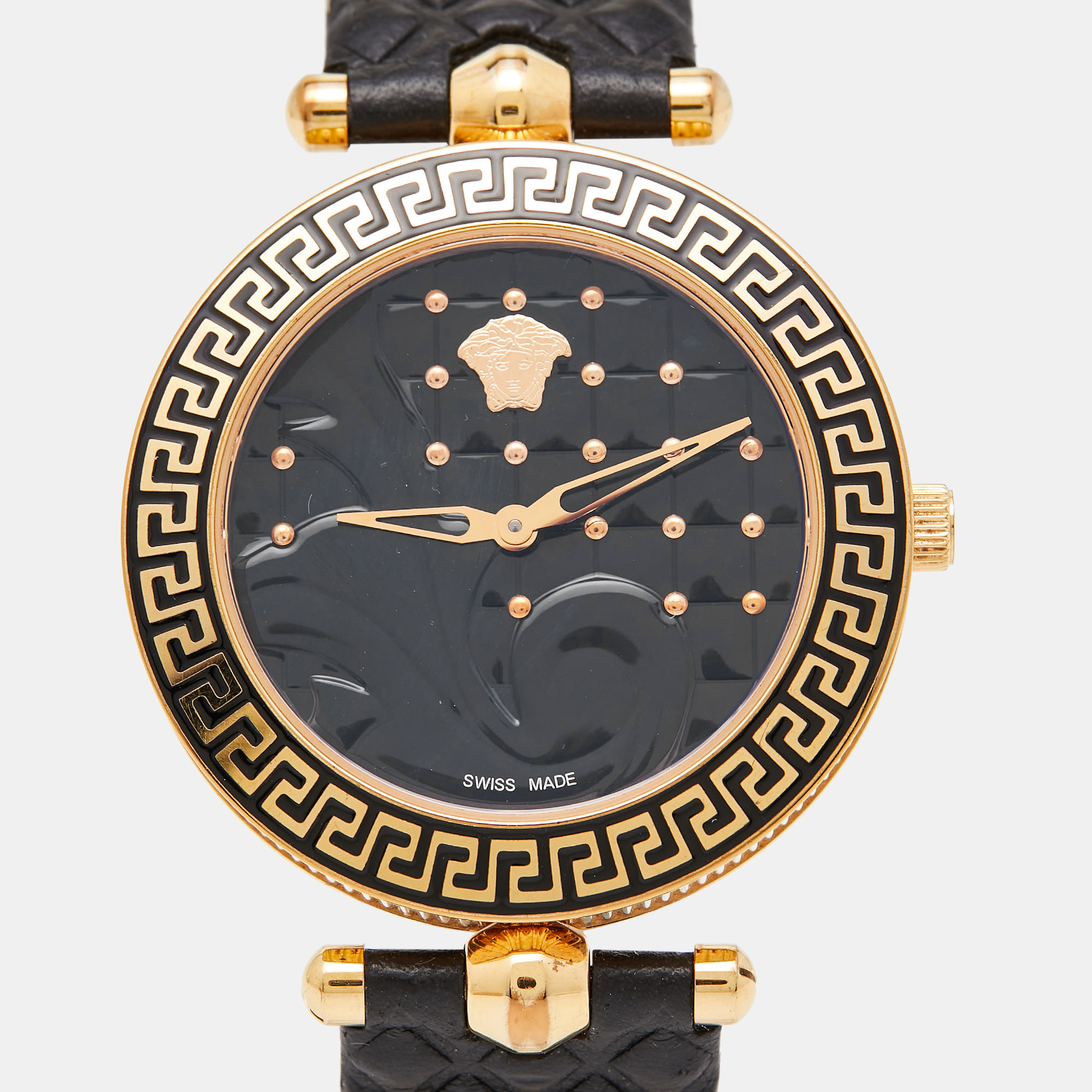 Versace Black PVD Coated Stainless Steel Embossed Leather Vanitas K7Q Women's Wristwatch 40 Mm