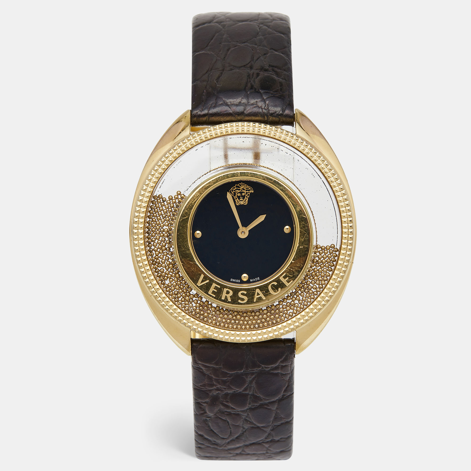 Versace Black Gold Plated Stainless Steel Leather Destiny Spirit 86Q Women's Wristwatch 39 Mm