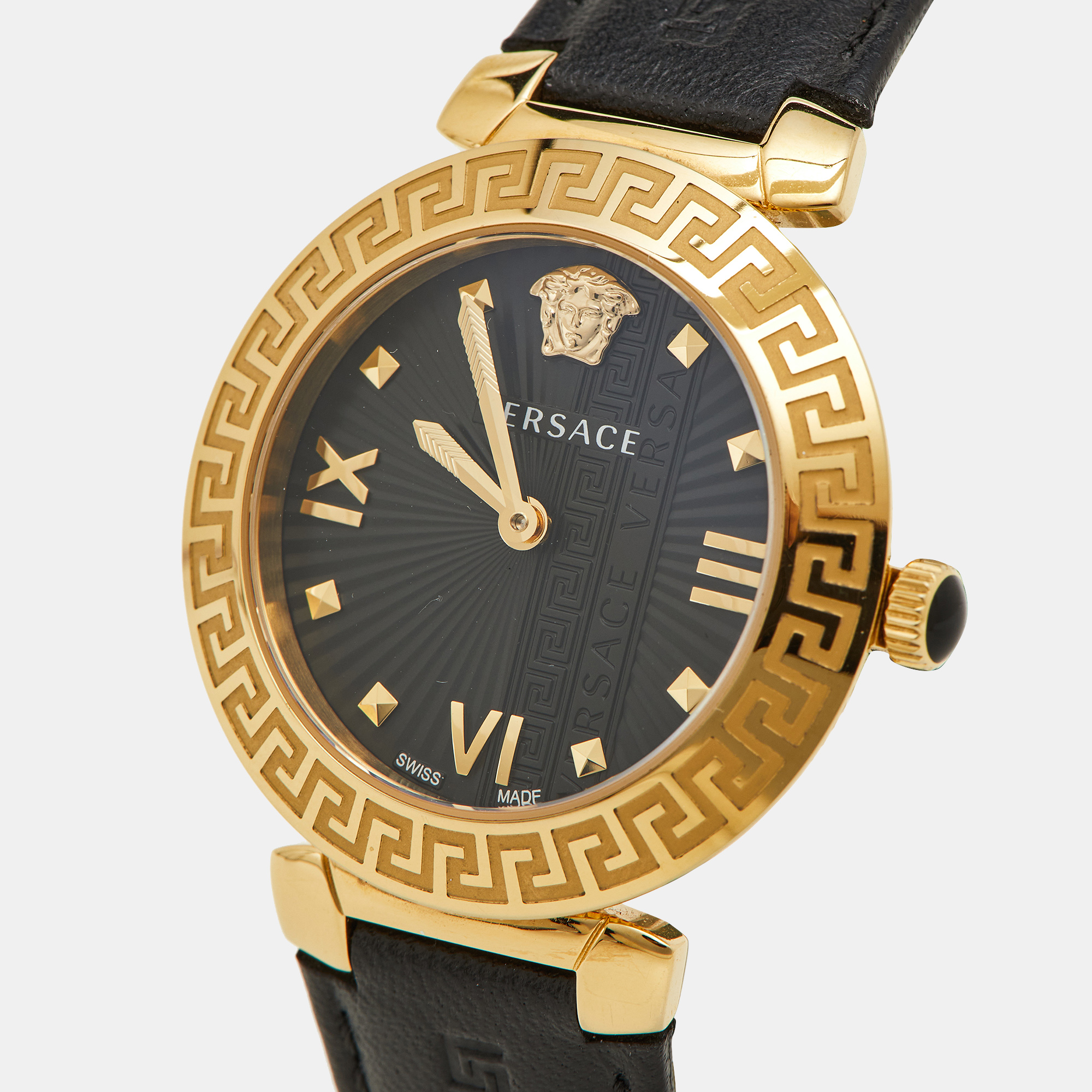 Versace Black Gold Plated Stainless Steel Leather Greca Icon VEZ600221 Women's Wristwatch 36 Mm