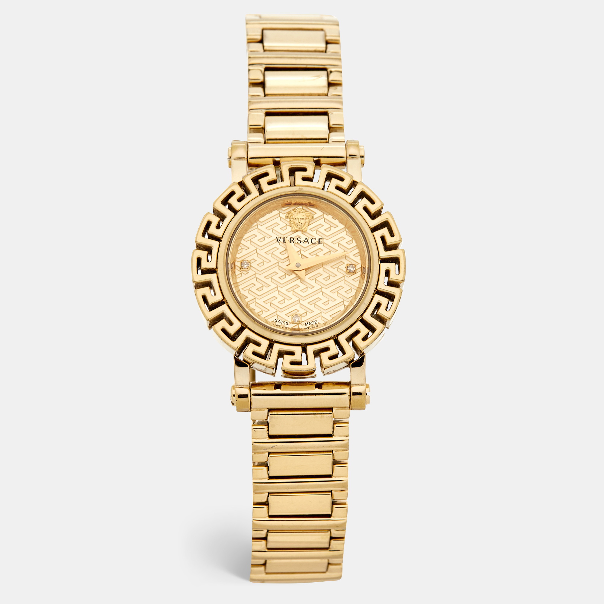 Versace champagne gold plated stainless steel greca glam ve2q00422 women's wristwatch 29 mm