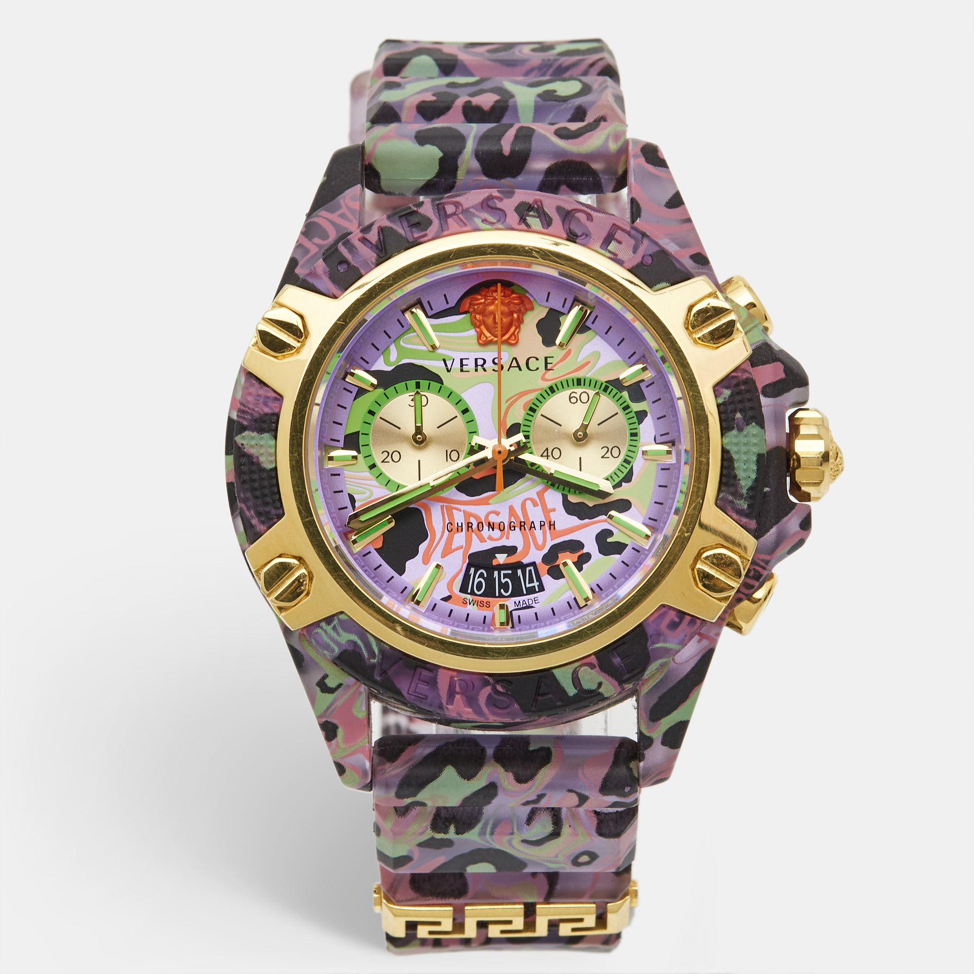 Versace purple icon chrono active ve27 lilac leopard print unisex wristwatch 44mm