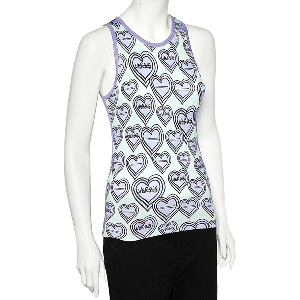 Versus Versace Purple & Green Heart Printed Knit Tank Top S