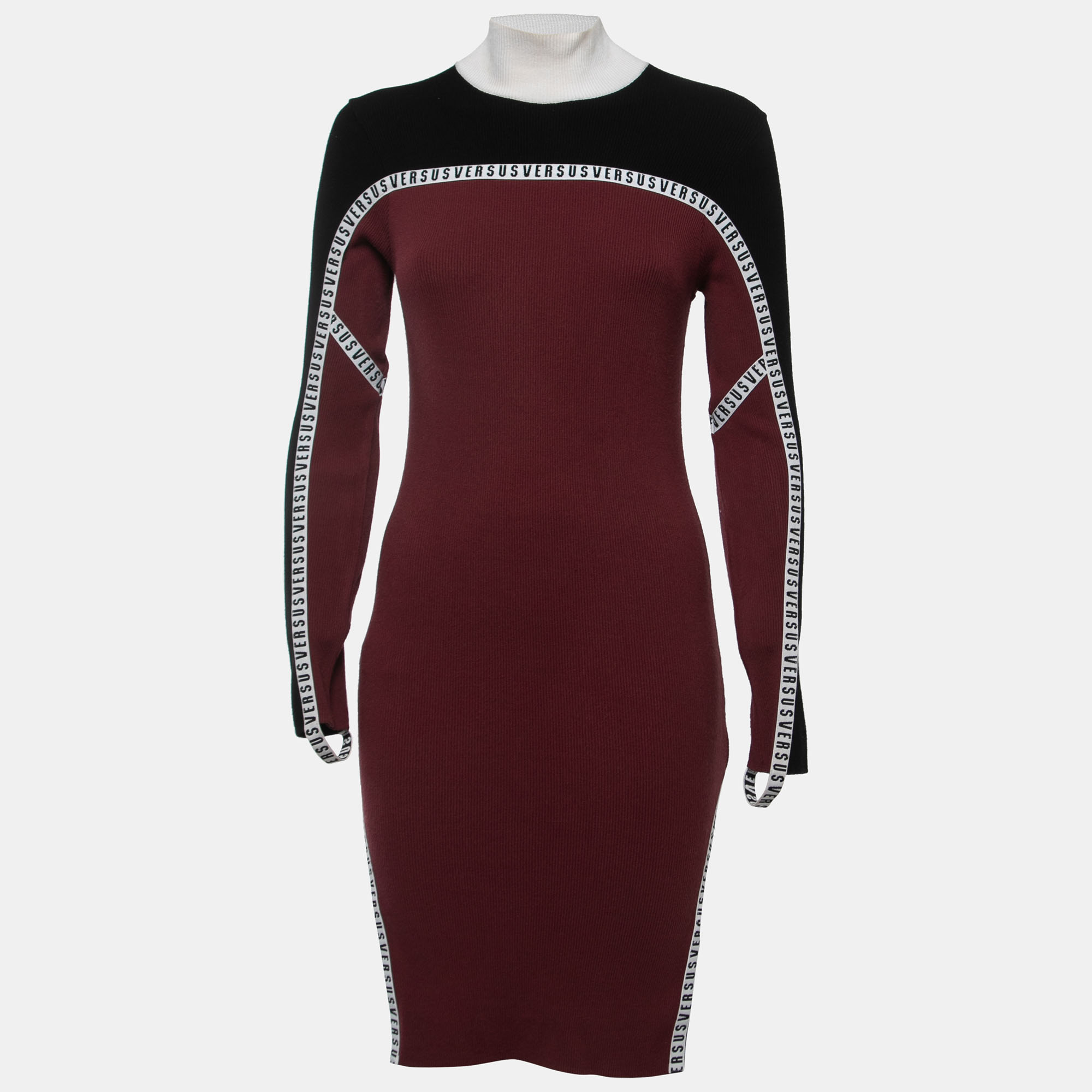 Versus Versace Black/Burgundy Ribbed Knit Logo Tape Bodycon Dress M