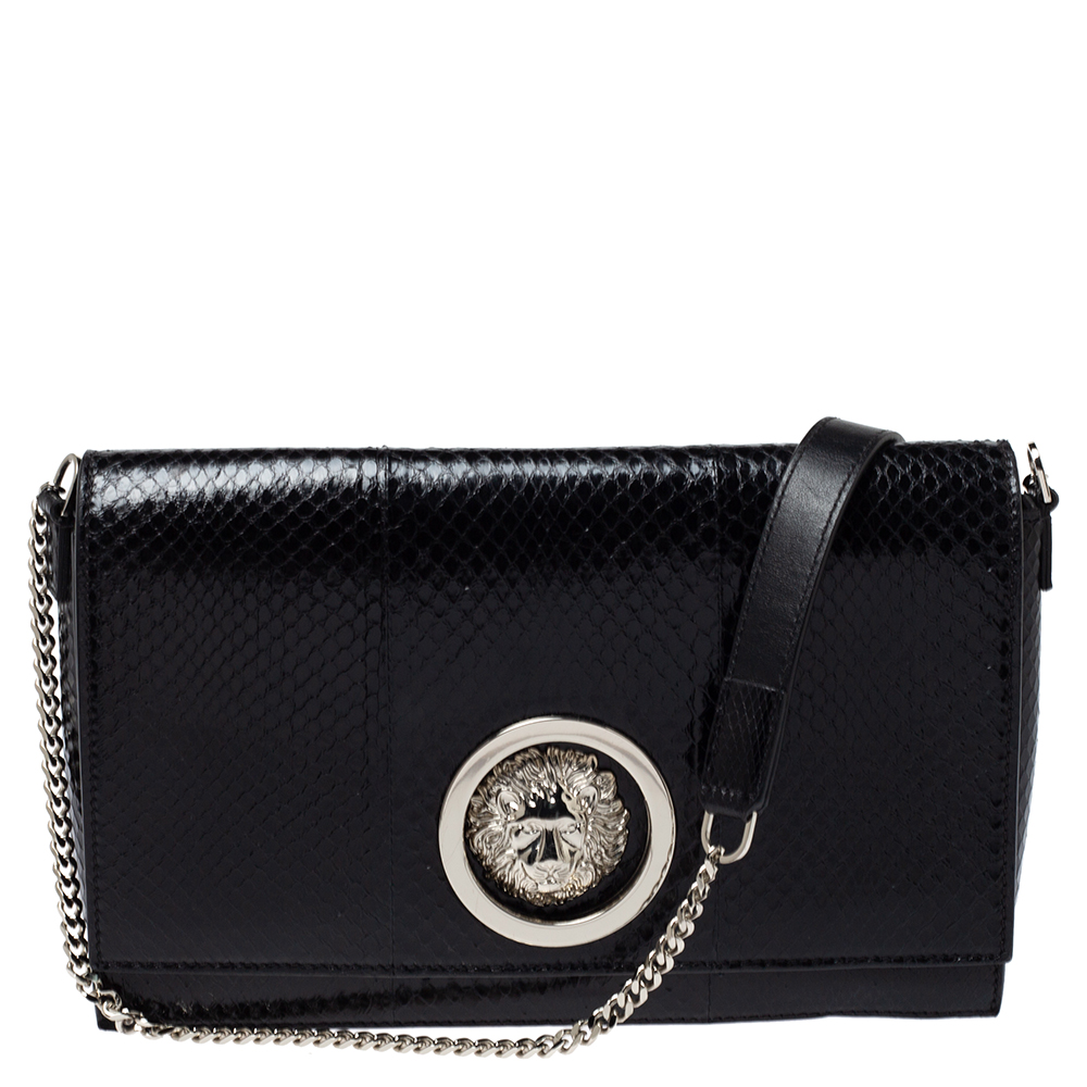Image of Versus Versace Black Python Effect Leather Chain Shoulder Bag