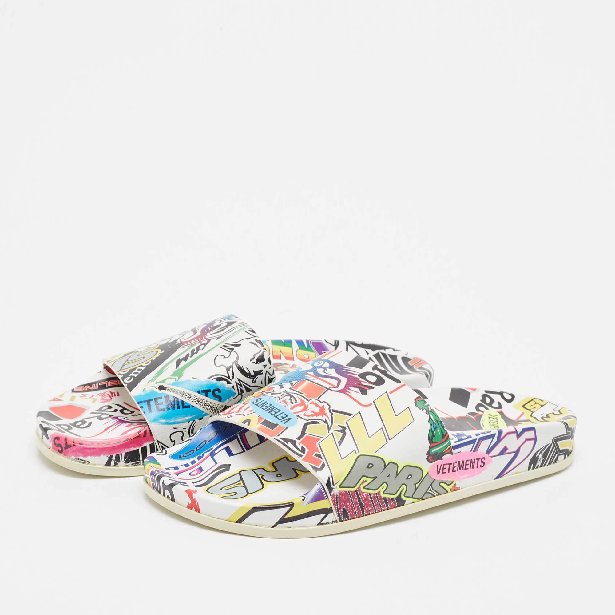 Vetements Multicolor Sticker Print Leather Pool Slides Size 36