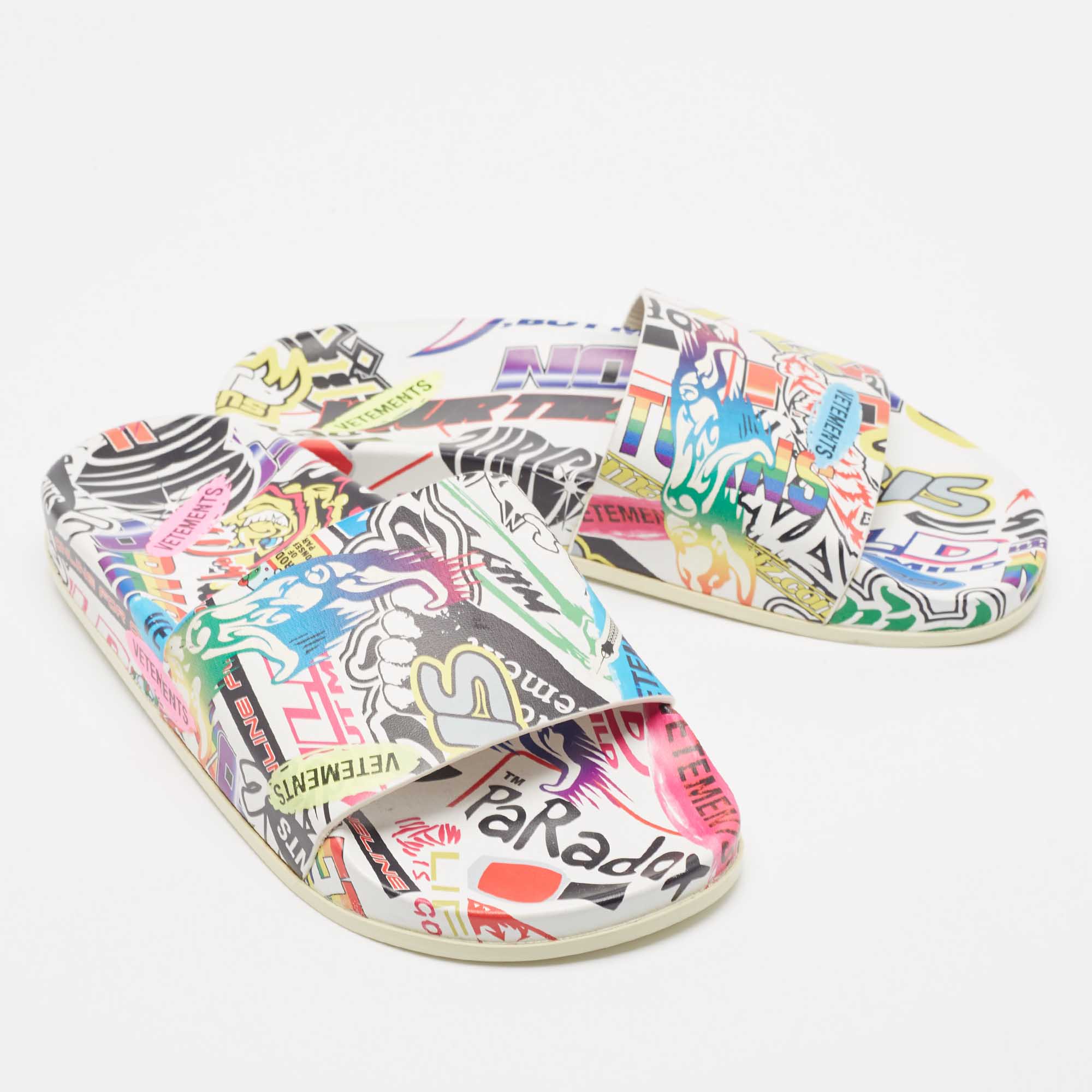 Vetements Multicolor Sticker Print Leather Pool Slides Size 36