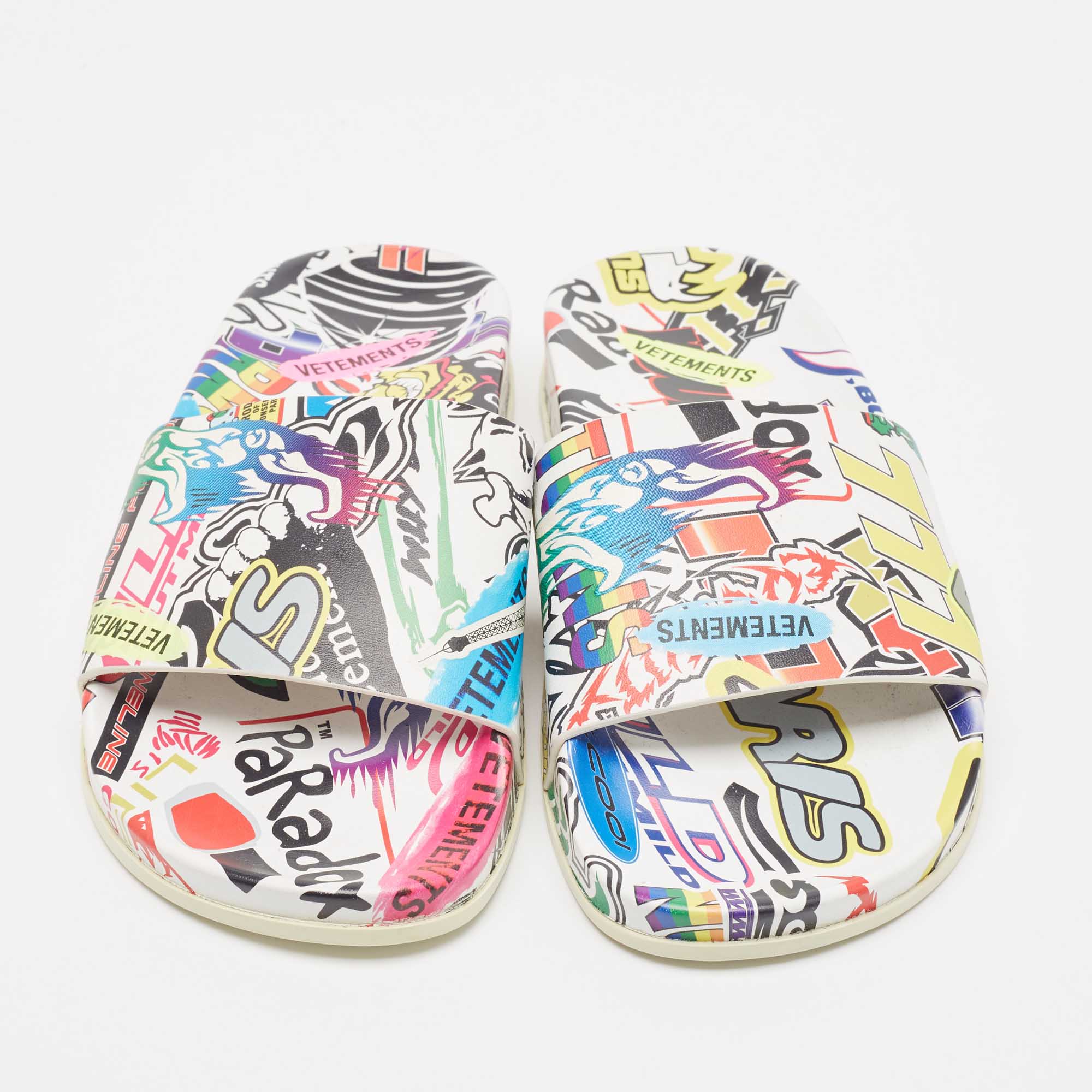 Vetements Multicolor Sticker Print Leather Pool Slides Size 36