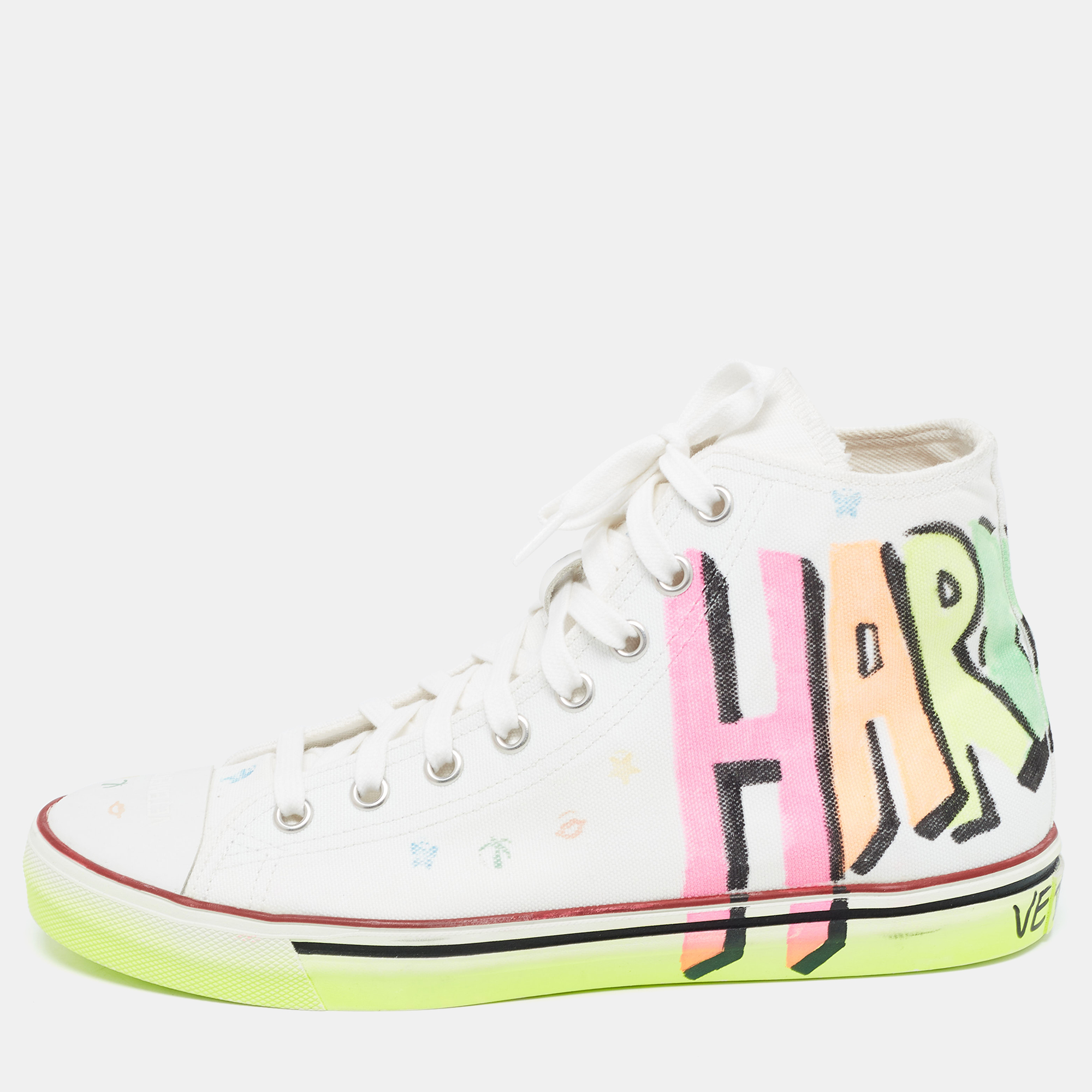 Vetements white canvas printed hard core happiness high top sneakers size 41