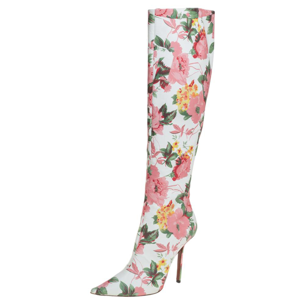 Vetements Multicolor Floral Print Leather Over The Knee Boots Size 39