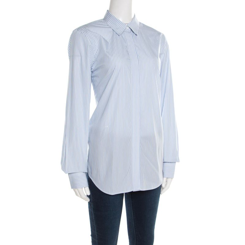 Victoria Beckham Blue and White Striped Cotton Buttoned Back Detail Shirt M