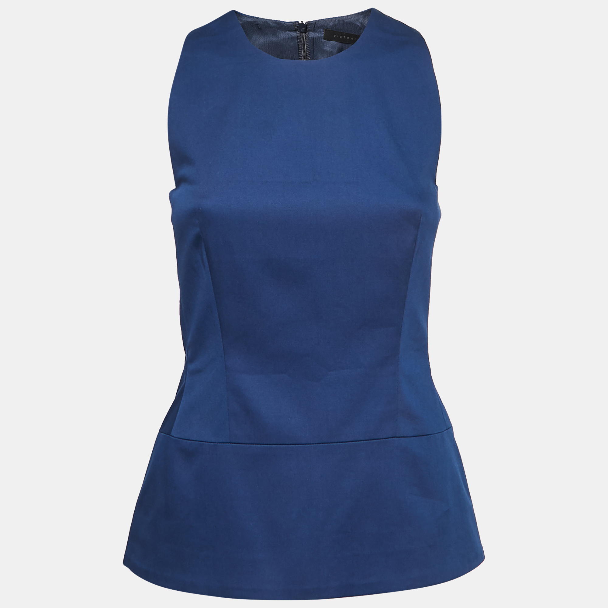 Victoria Beckham Navy Blue Cotton Twill Sleeveless Peplum Top M