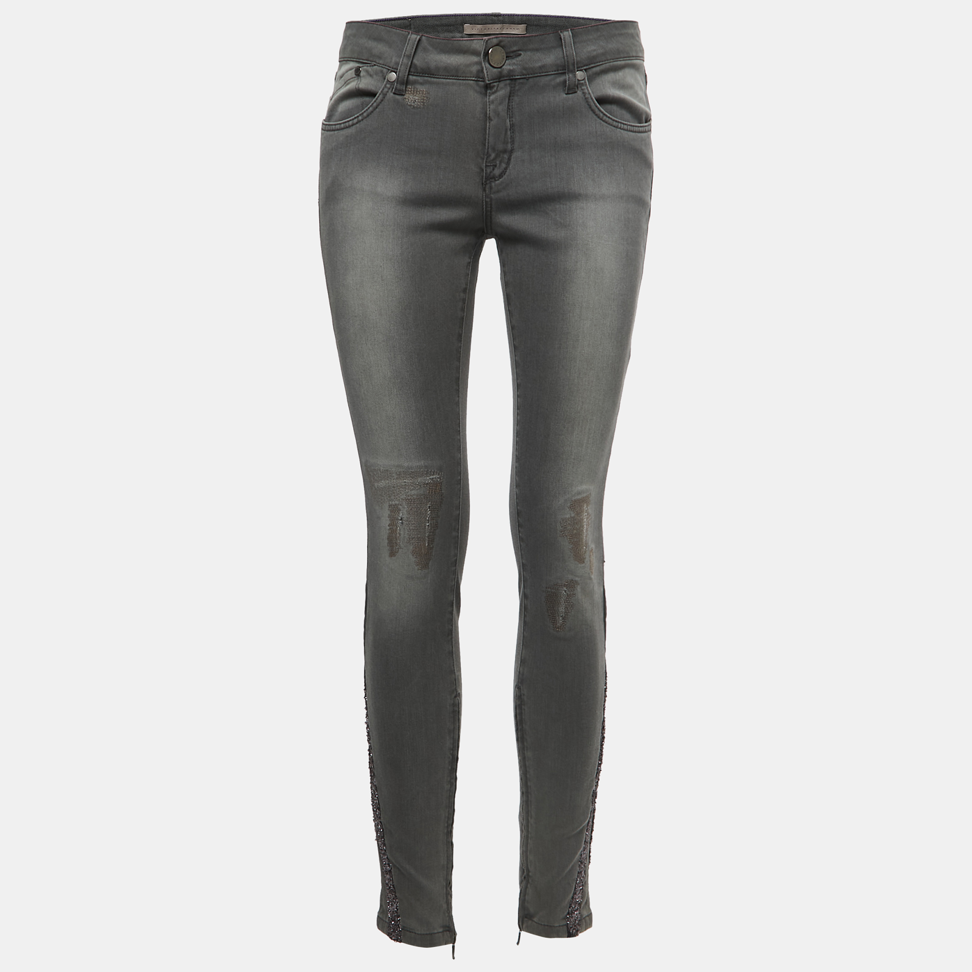 Victoria Beckham Grey Denim Glitter Detail Skinny Jeans M Waist 28