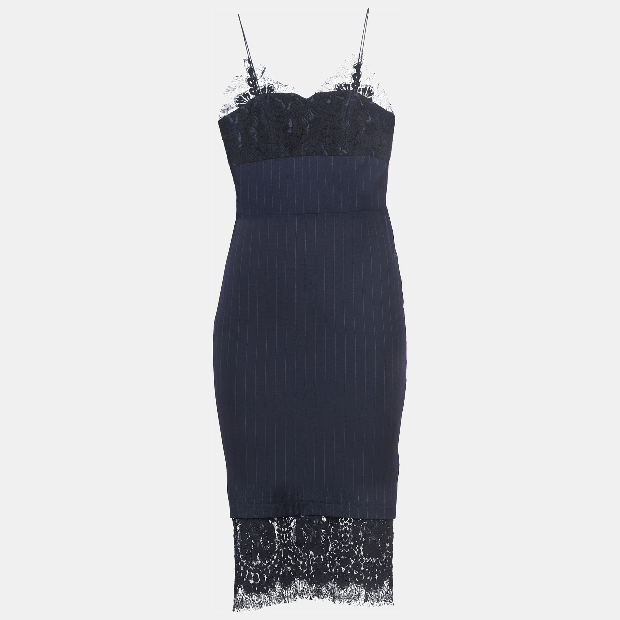 Victoria beckham navy blue pinstriped wool lace-trimmed midi dress s