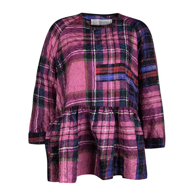 Image of Victoria Victoria Beckham Multicolor Checked Crushed Silk Peplum Top L