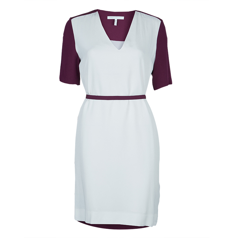 Image of Victoria Victoria Beckham Purple and White Belted Shift Dress S
