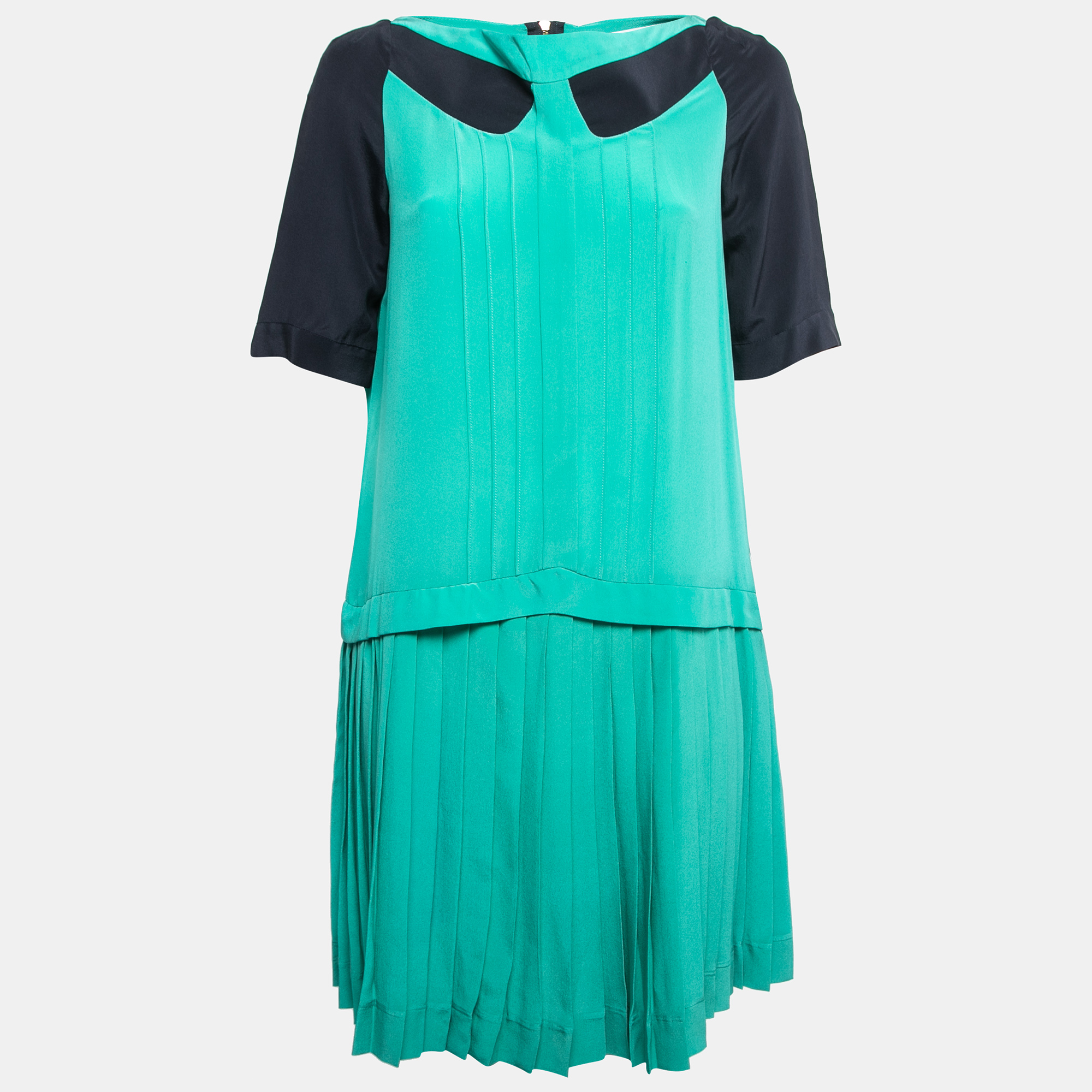 Victoria Victoria Beckham Green/Navy Blue Silk Pleated Mini Dress M