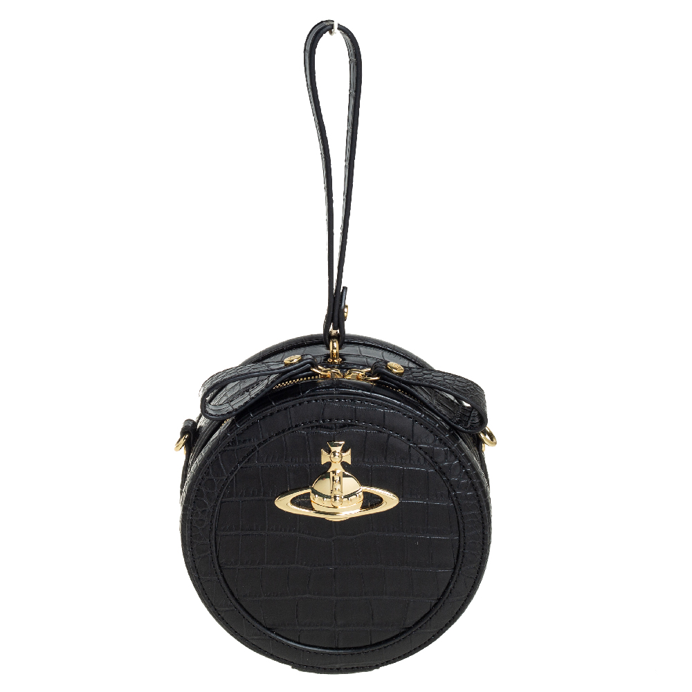Vivienne Westwood Black Croc Embossed Faux Leather Round Crossbody Bag