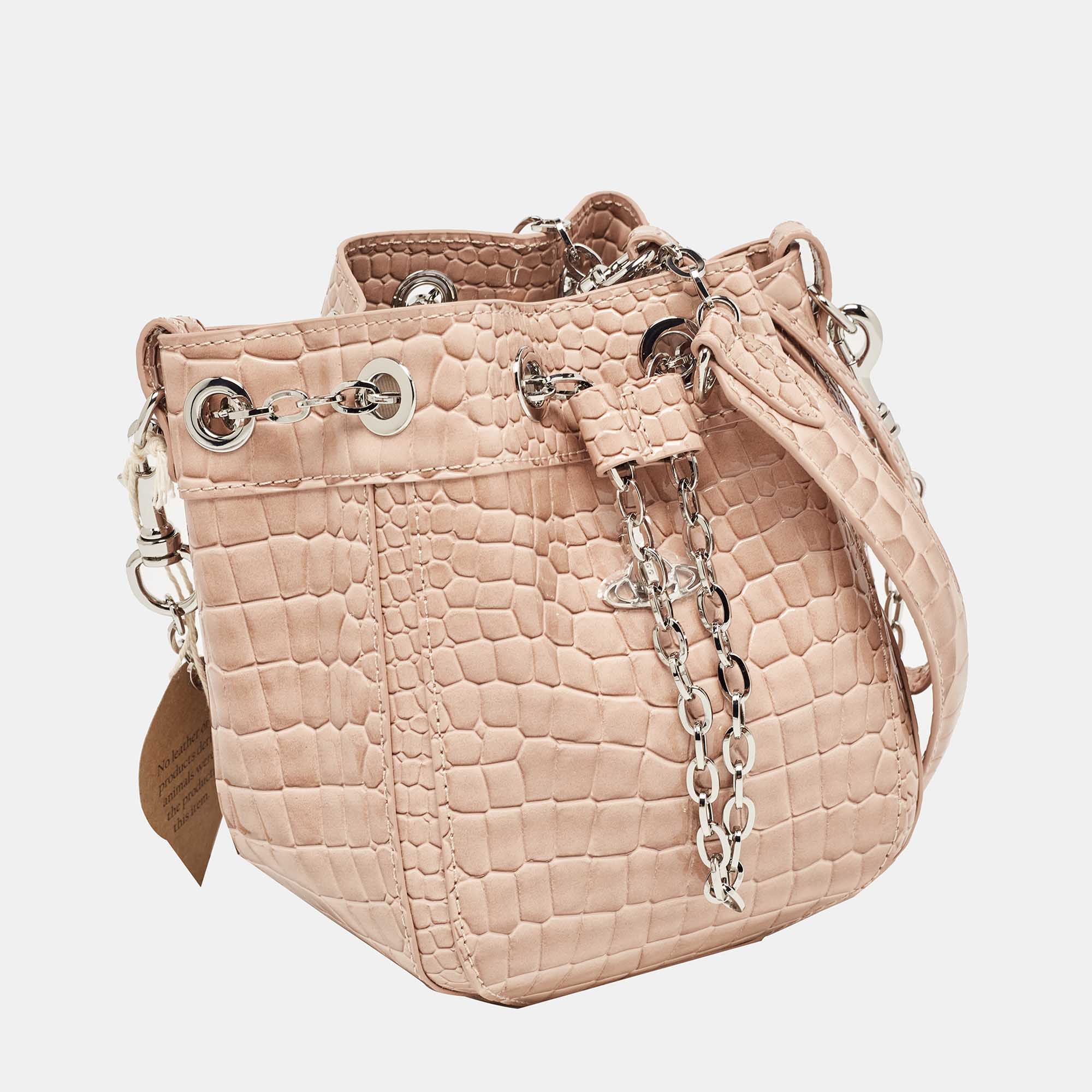 Vivienne Westwood Pink Croc Embossed Leather Chrissy Bucket Bag