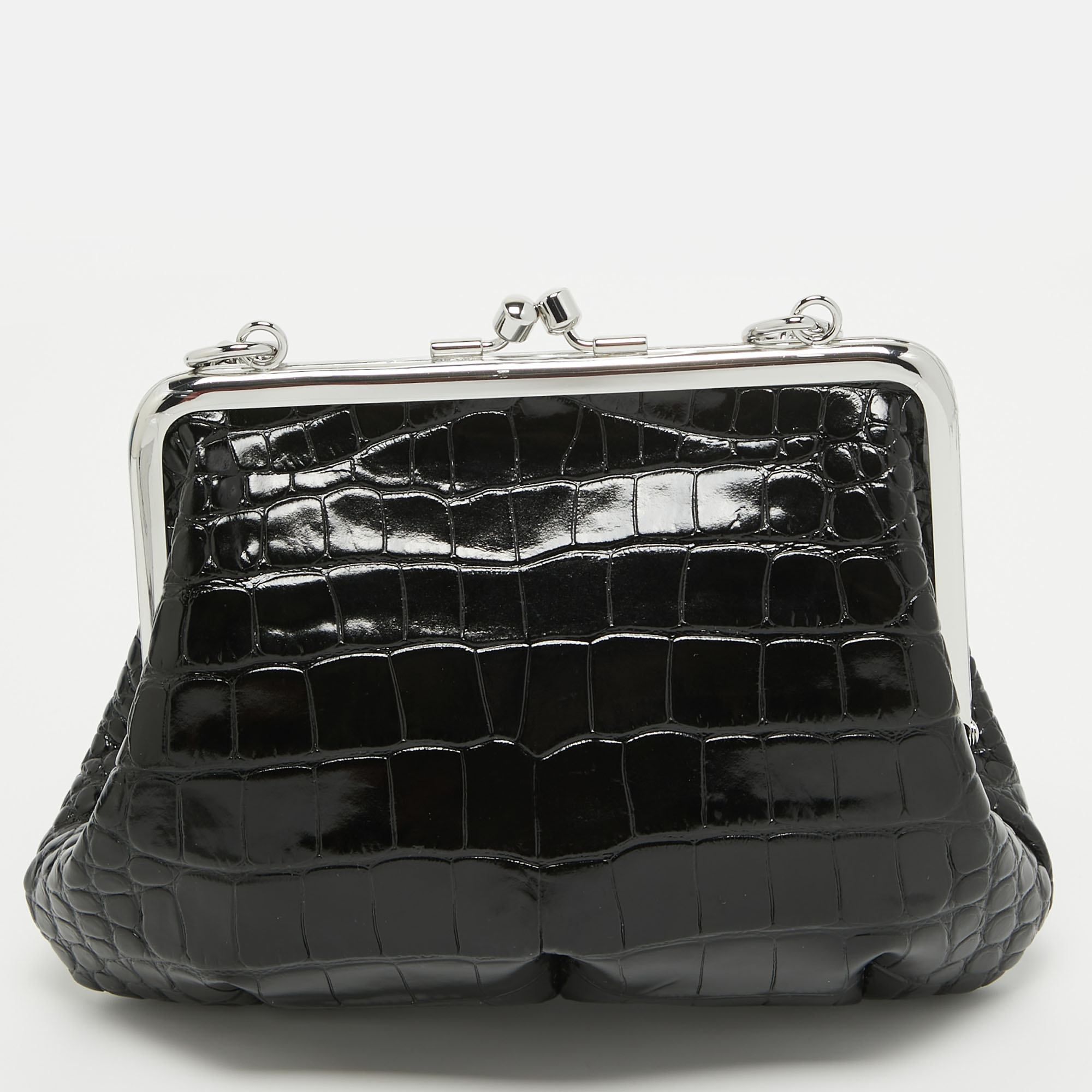 Vivienne Westwood Black Croc Embossed Leather Granny Frame Chain Clutch