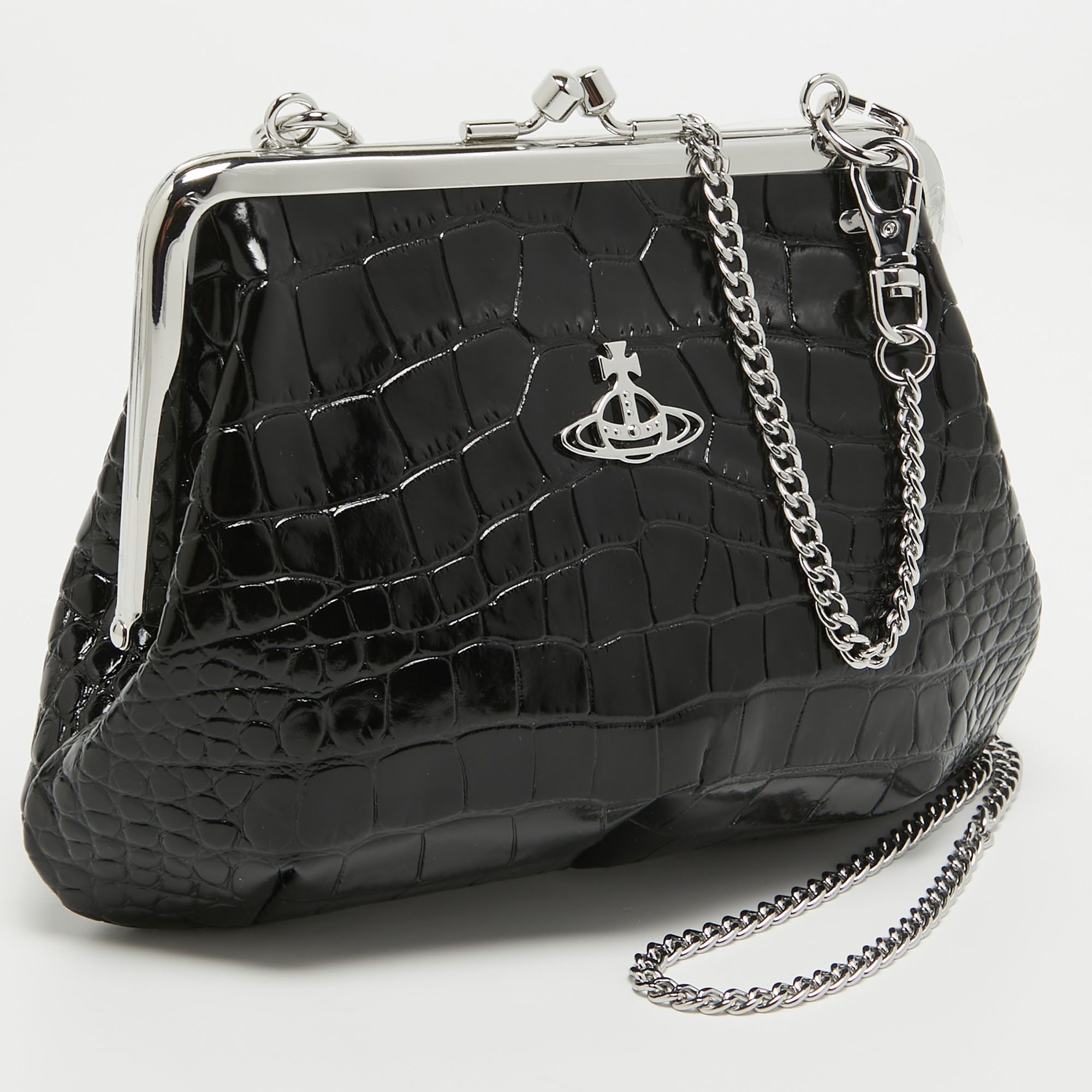 Vivienne Westwood Black Croc Embossed Leather Granny Frame Chain Clutch