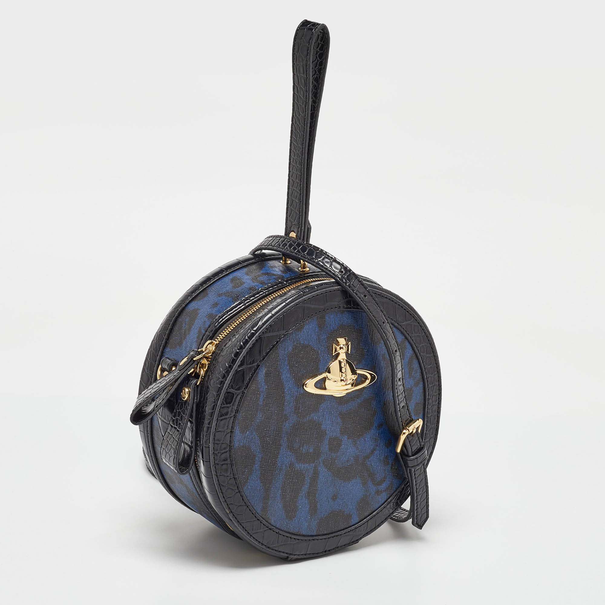 Vivienne Westwood Black/Blue Croc Embossed Leather Round Crossbody Bag