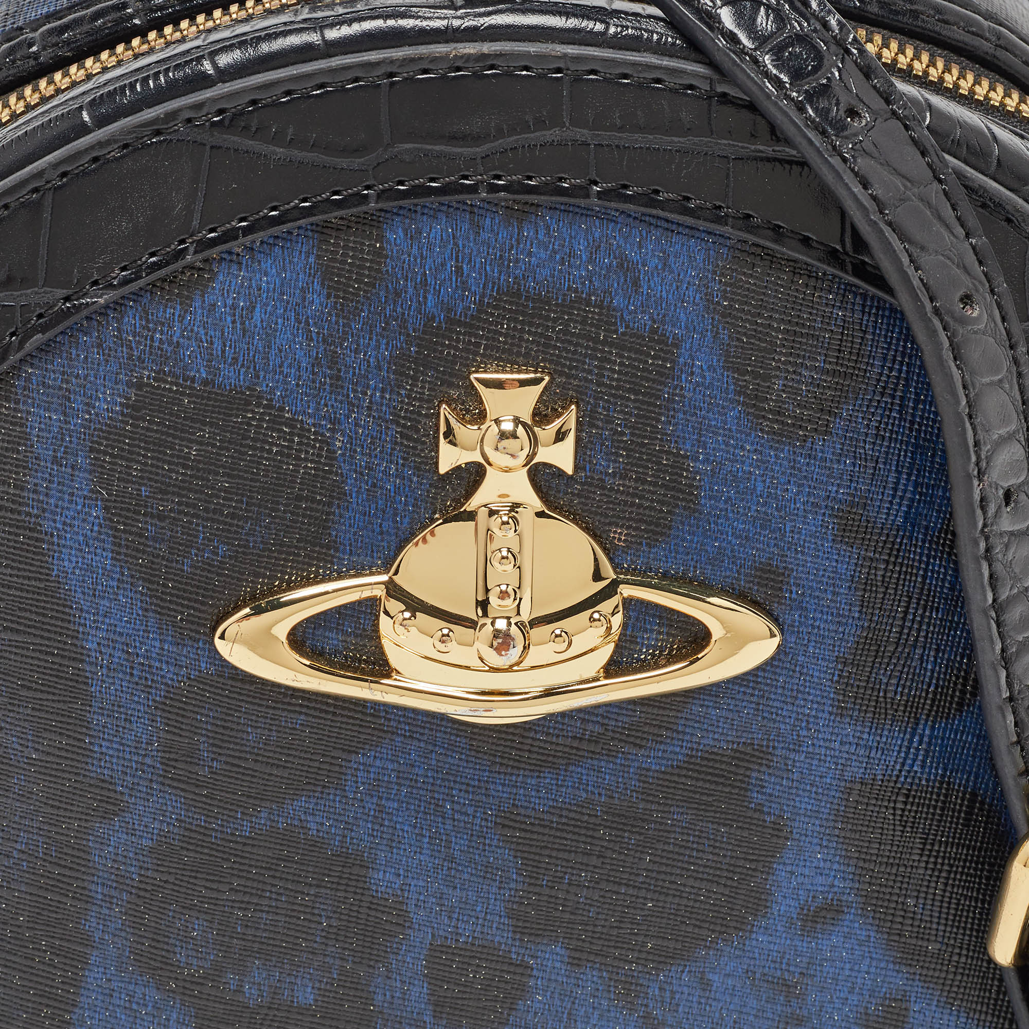 Vivienne Westwood Black/Blue Croc Embossed Leather Round Crossbody Bag