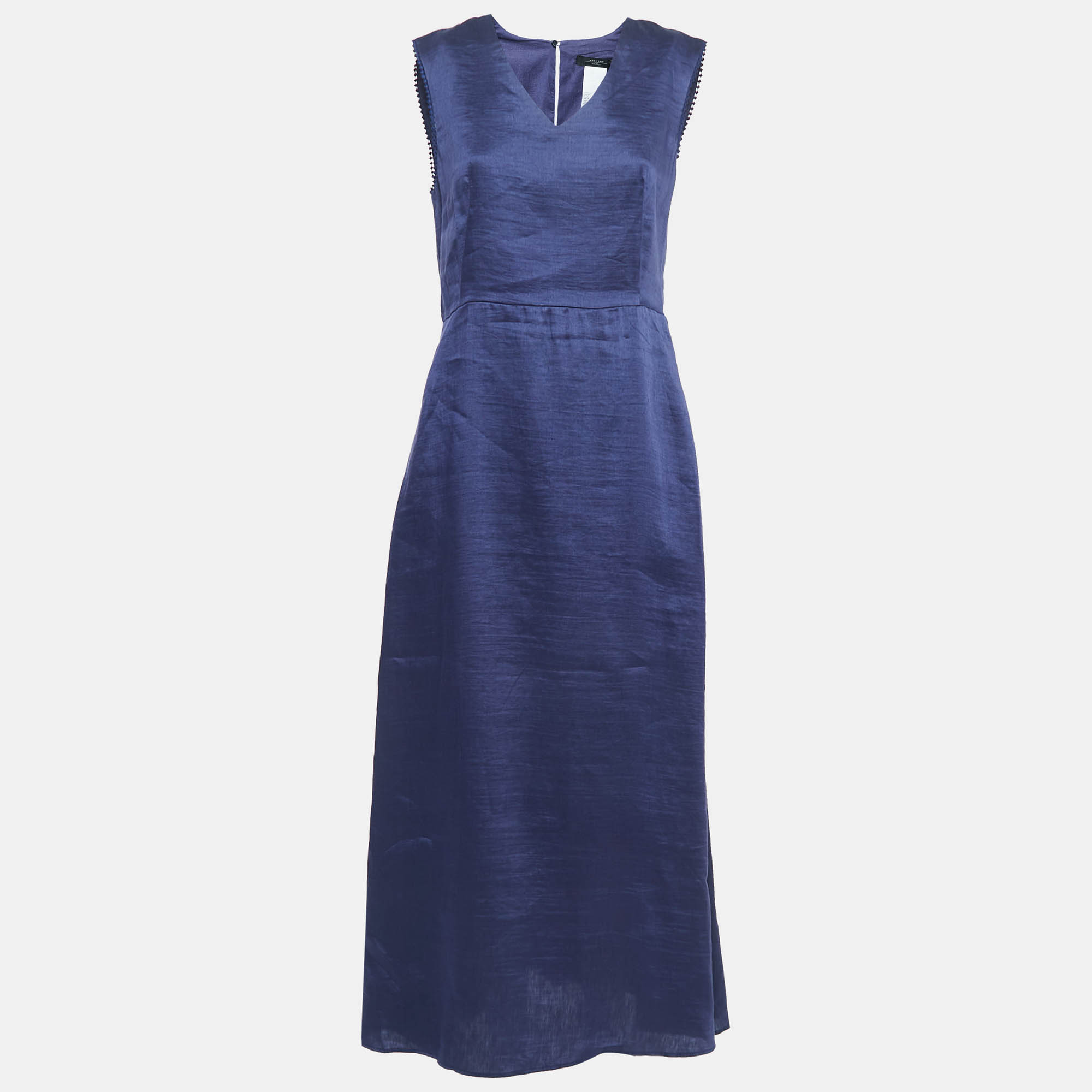Weekend Max Mara Navy Blue Linen Blend Sleeveless Maxi Dress L