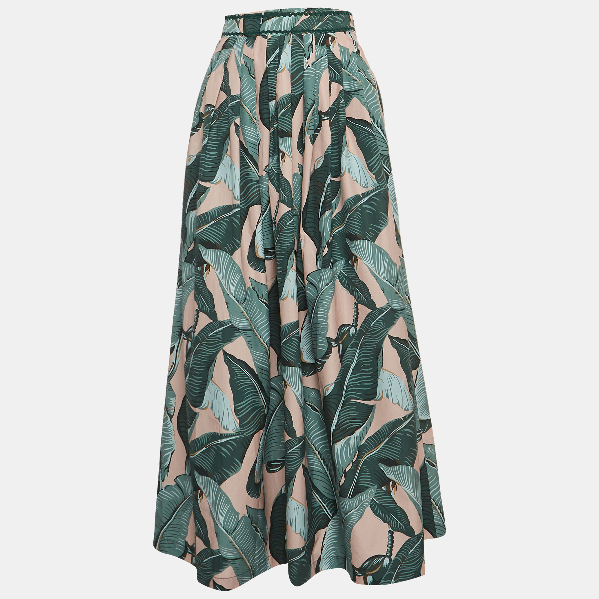Weekend max mara green leaf printed cotton pleated eguale midi skirt s