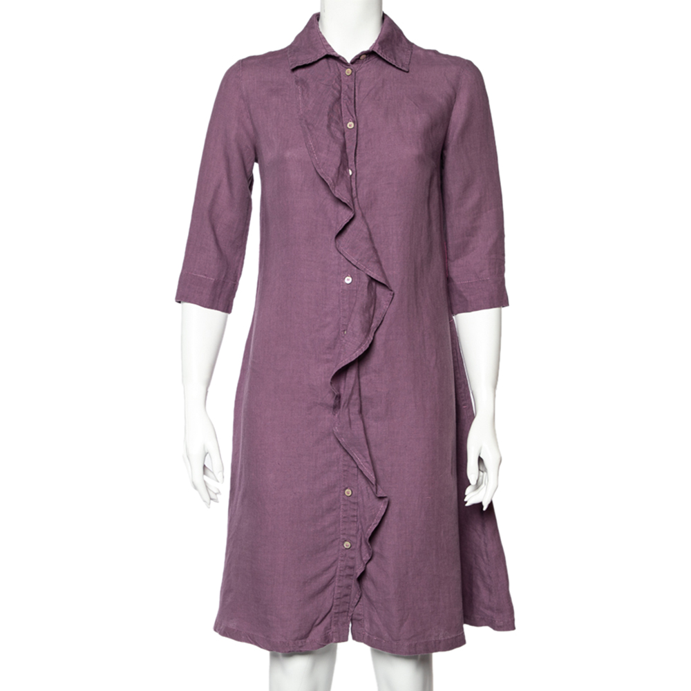 Weekend max mara purple linen ruffle detail button front midi dress s