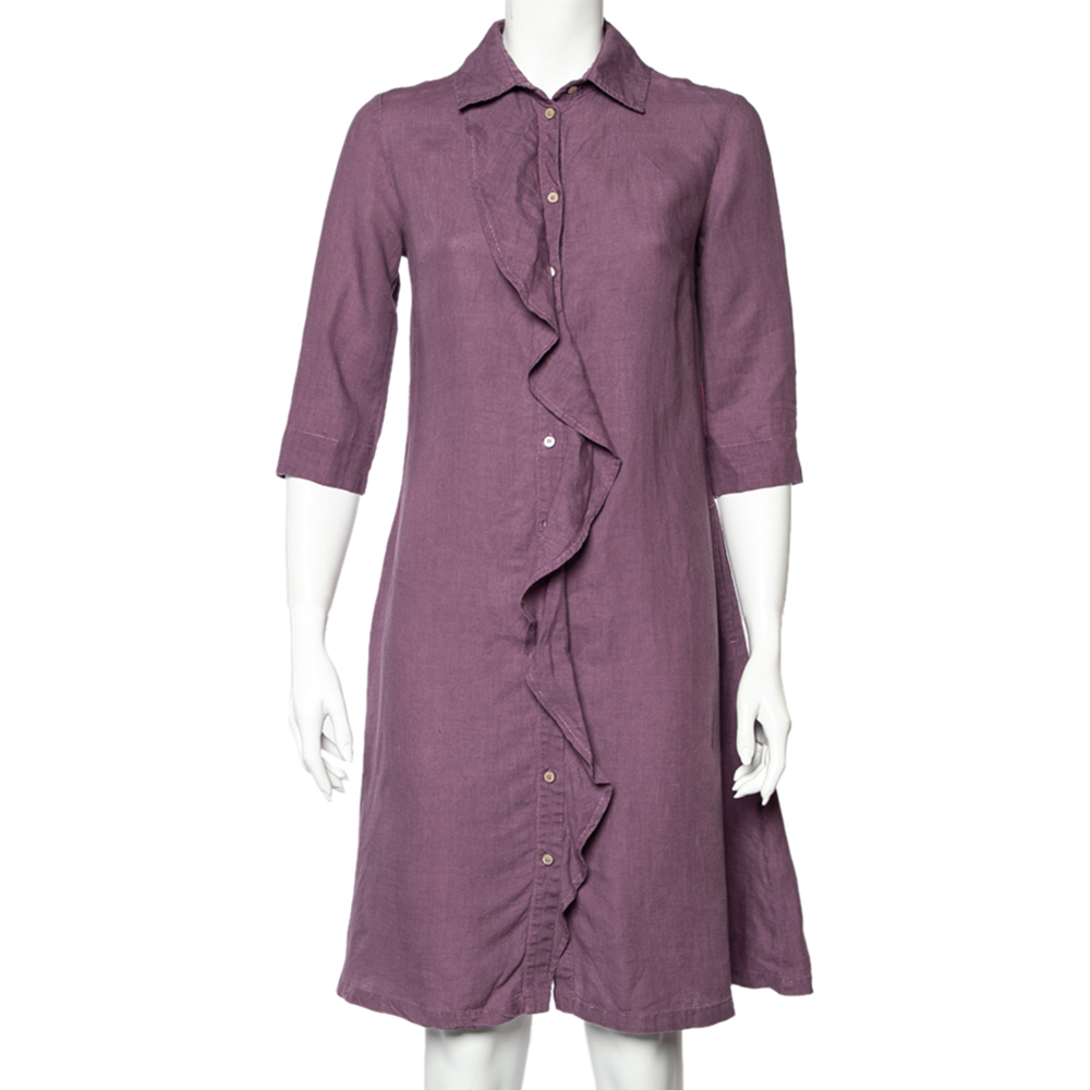 

Weekend Max Mara Purple Linen Ruffle Detail Button Front Midi Dress