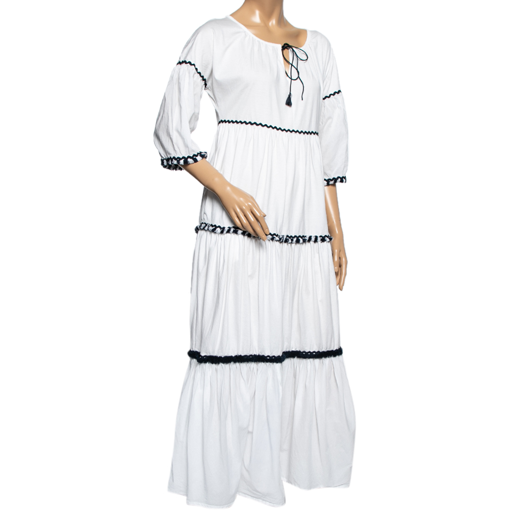 

Weekend Max Mara White Cotton Contrast Trim Detail Tiered Maxi Dress
