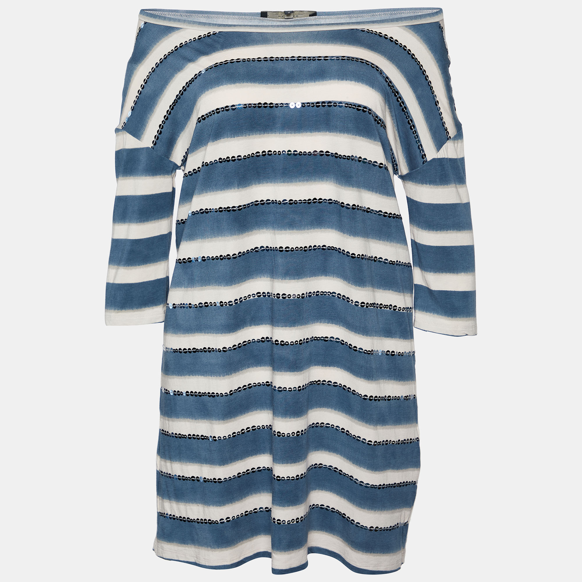 Weekend Max Mara White & Blue Cotton Striped Sequin Embellished Top M