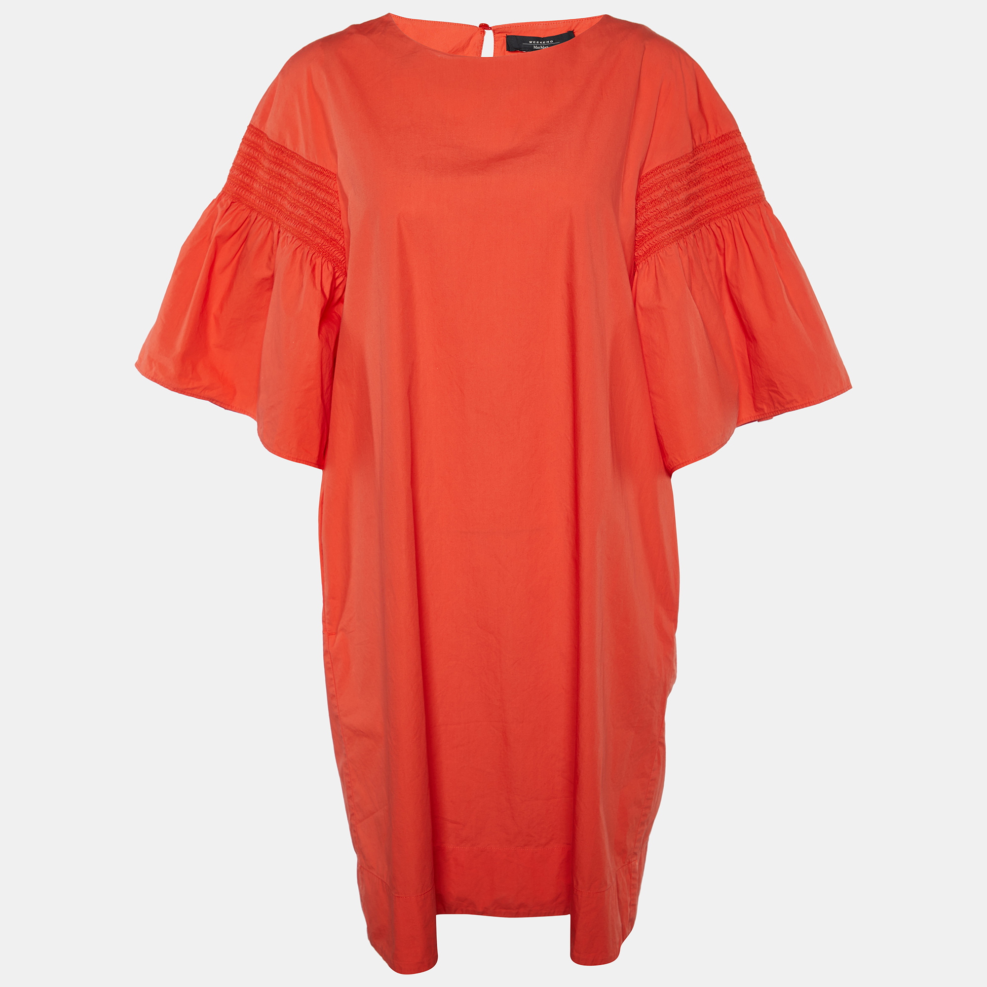 Weekend Max Mara Orange Cotton Shirred Sleeve Mini Dress M