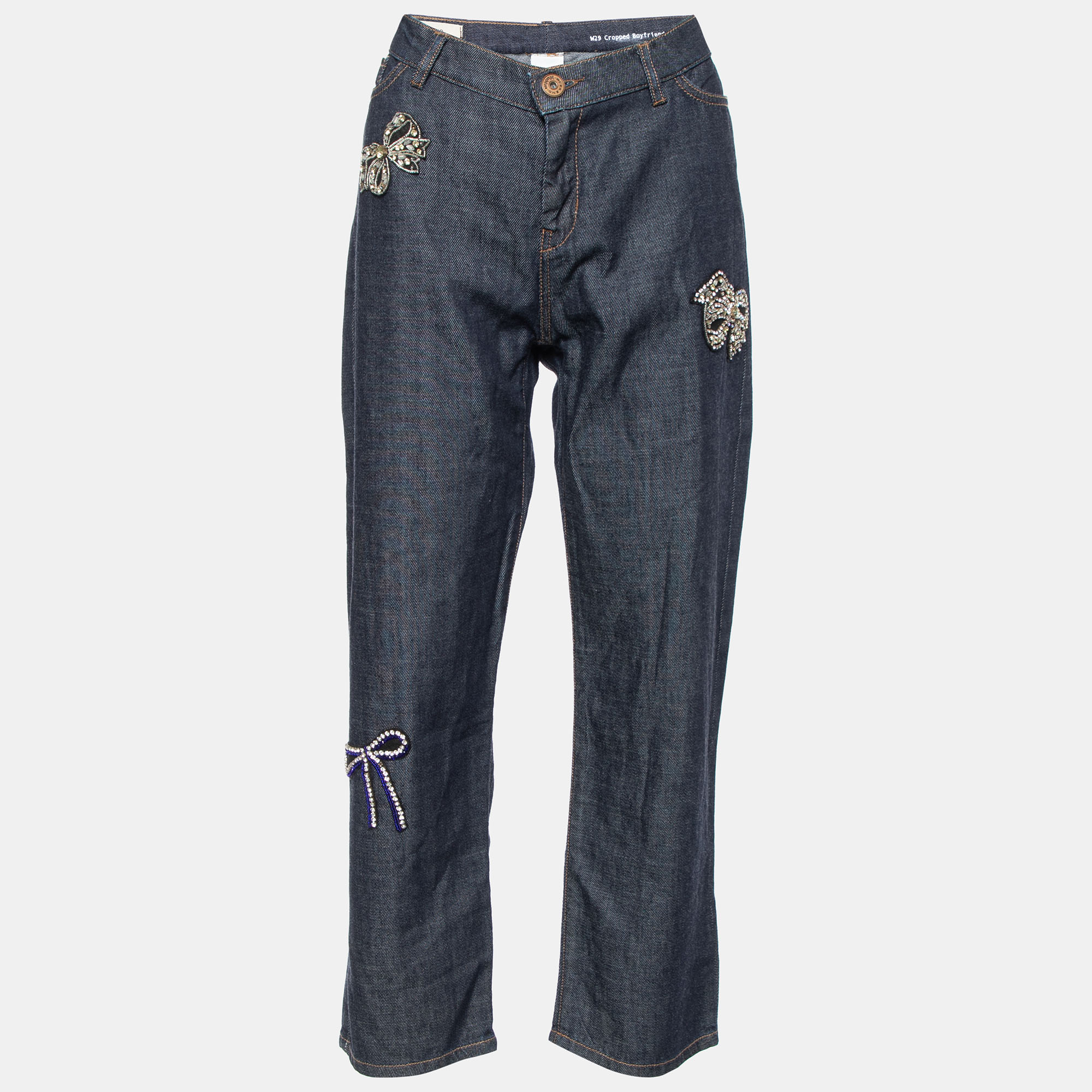 Weekend Max Mara Navy Blue Denim Embellished Bow Detail Cropped Boyfriend Jeans L Waist 34