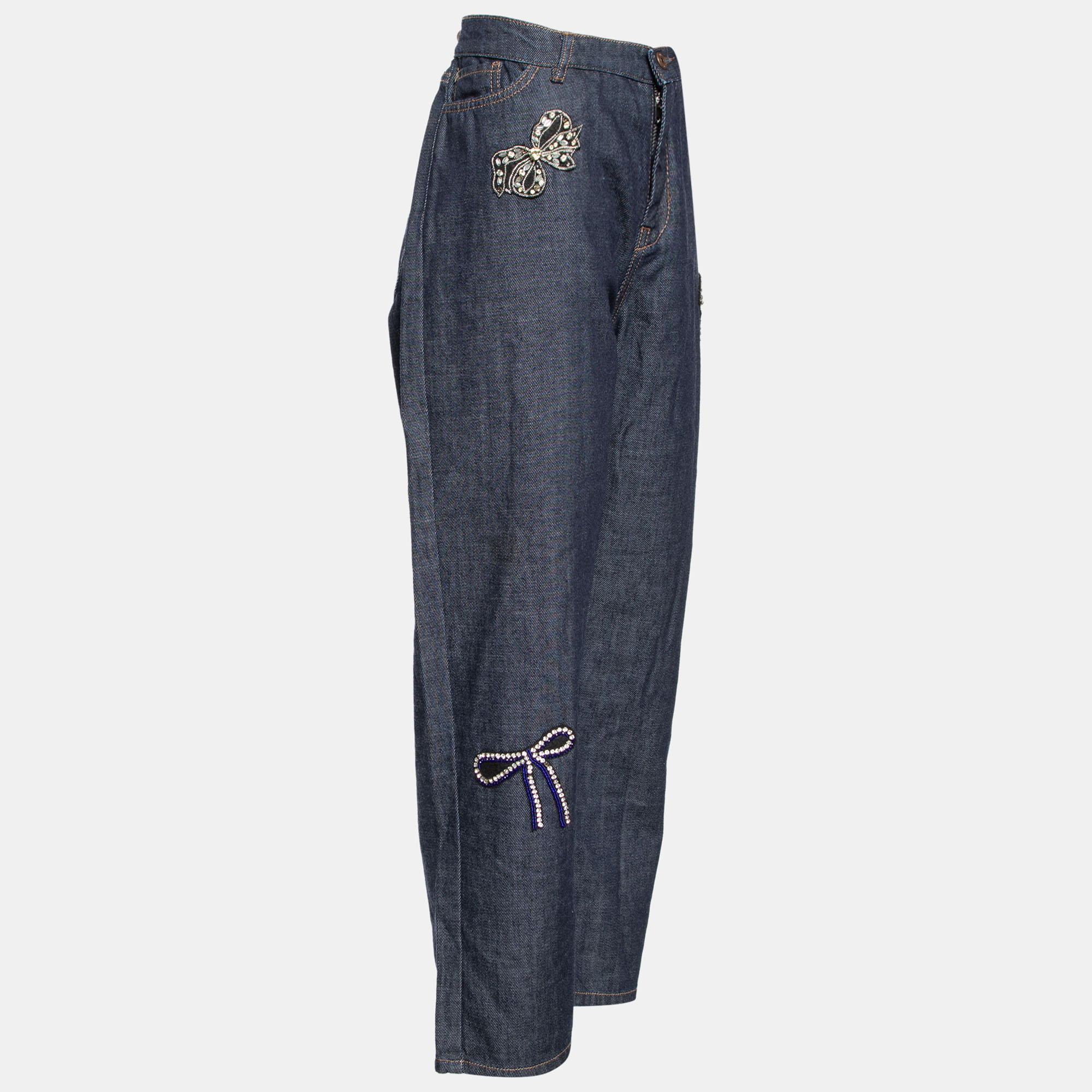 

Weekend Max Mara Navy Blue Denim Embellished Bow Detail Cropped Boyfriend Jeans  Waist 34
