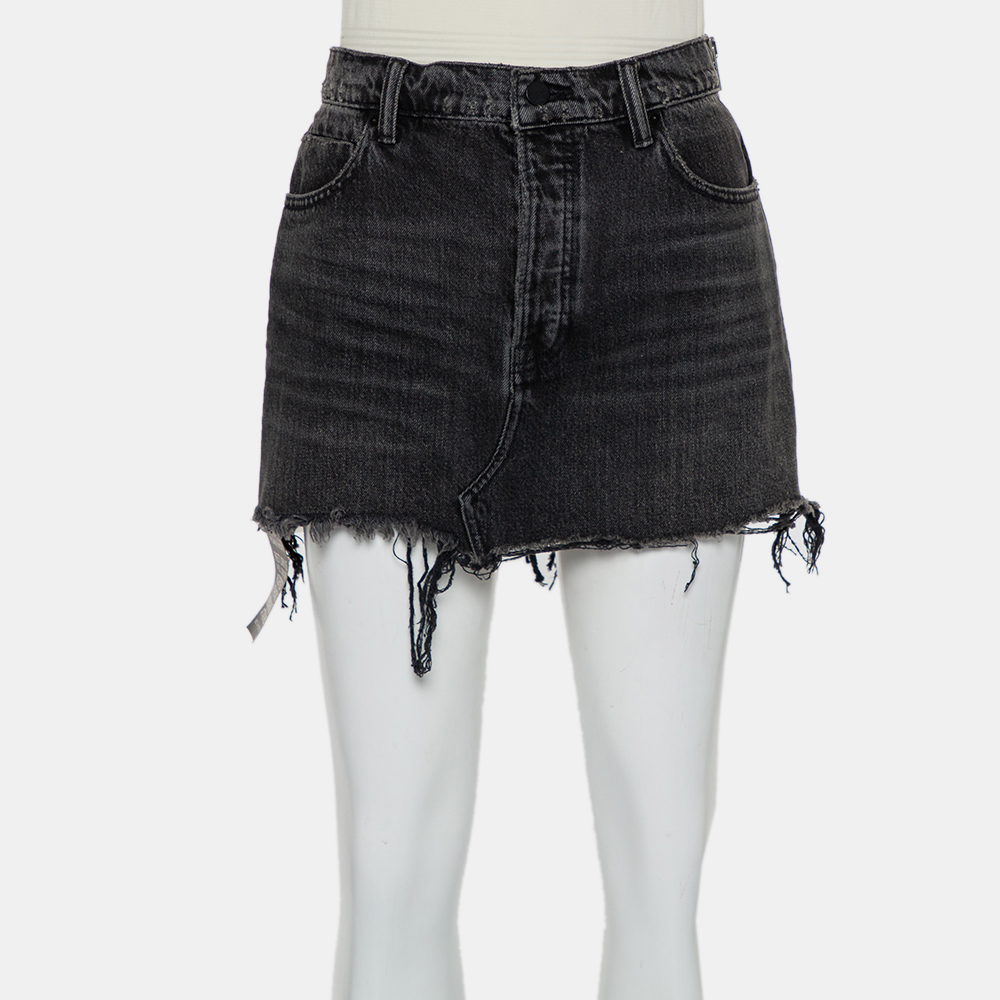 Denim X Alexander Wang Charcoal Grey Denim Distressed Frayed Hem Mini Skirt M