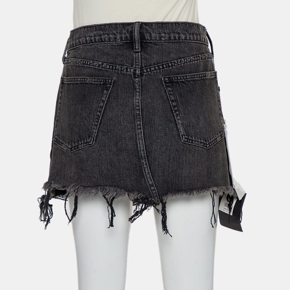 Denim X Alexander Wang Charcoal Grey Denim Distressed Frayed Hem Mini Skirt M
