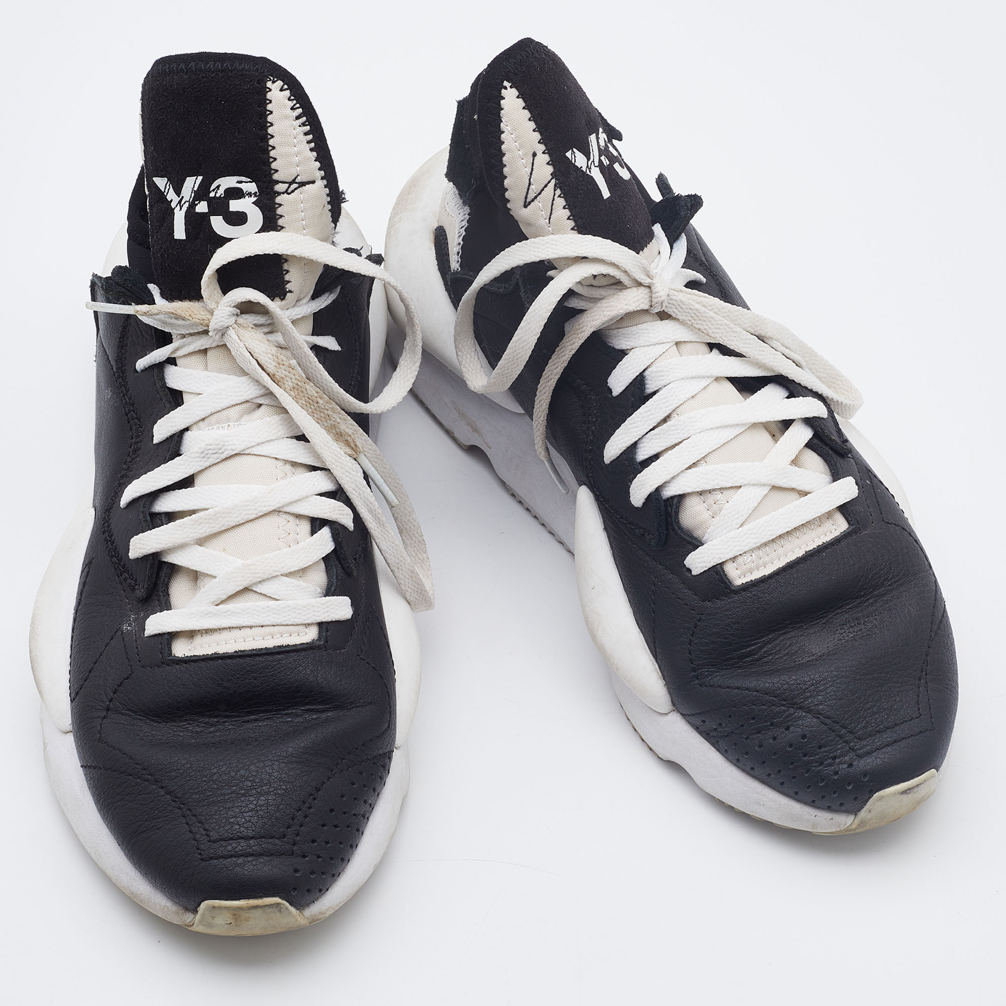 Y-3 Black/White Leather And Fabric Kaiwa Sneakers Size 40