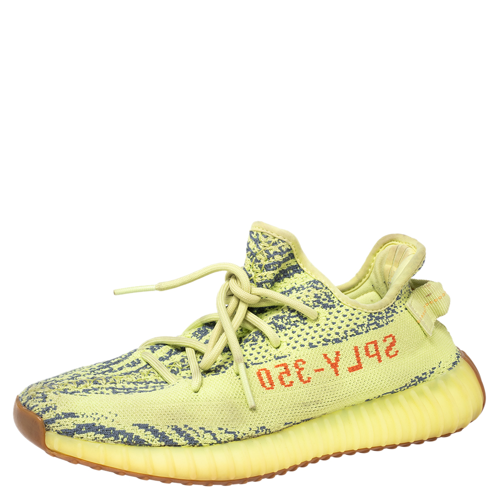 Yeezy x Adidas Boost 350 V2 Semi Frozen Green Knit Fabric Lace Up Sneakers Size 40