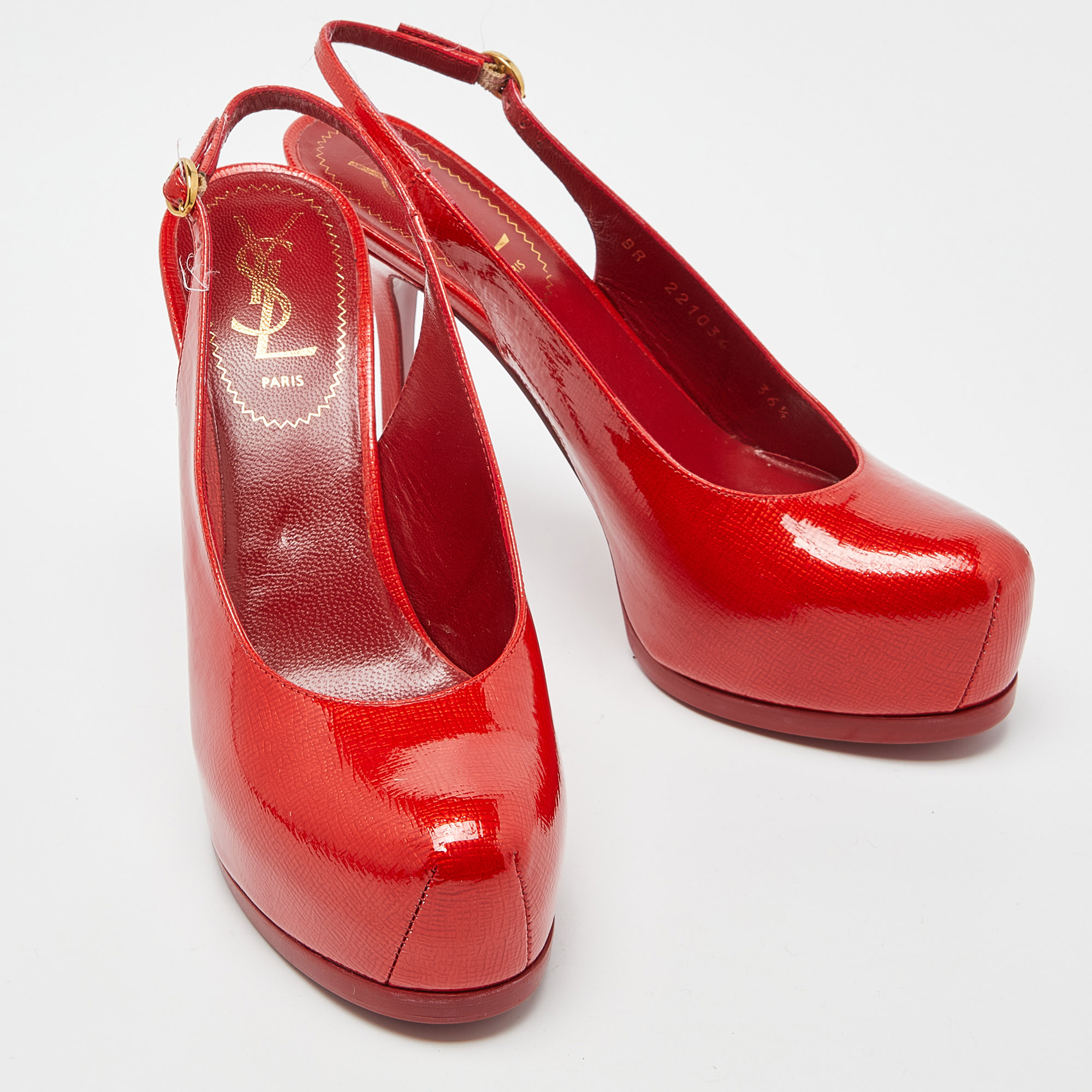Yves Saint Laurent Red Patent Leather Tribtoo Slingback Pumps Size 36.5