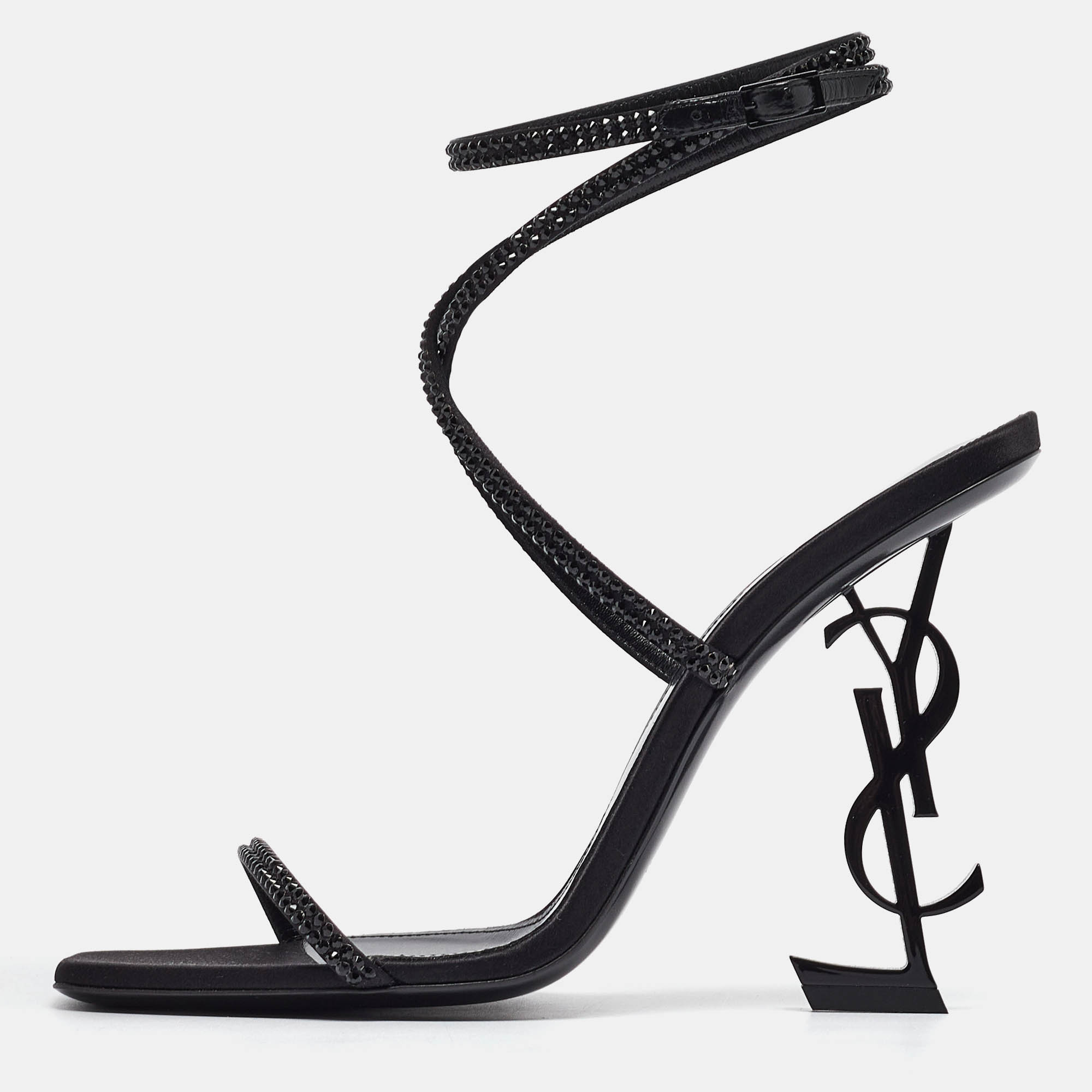 Yves saint laurent saint laurent black crystal embellished satin opyum ankle strap sandals size 40