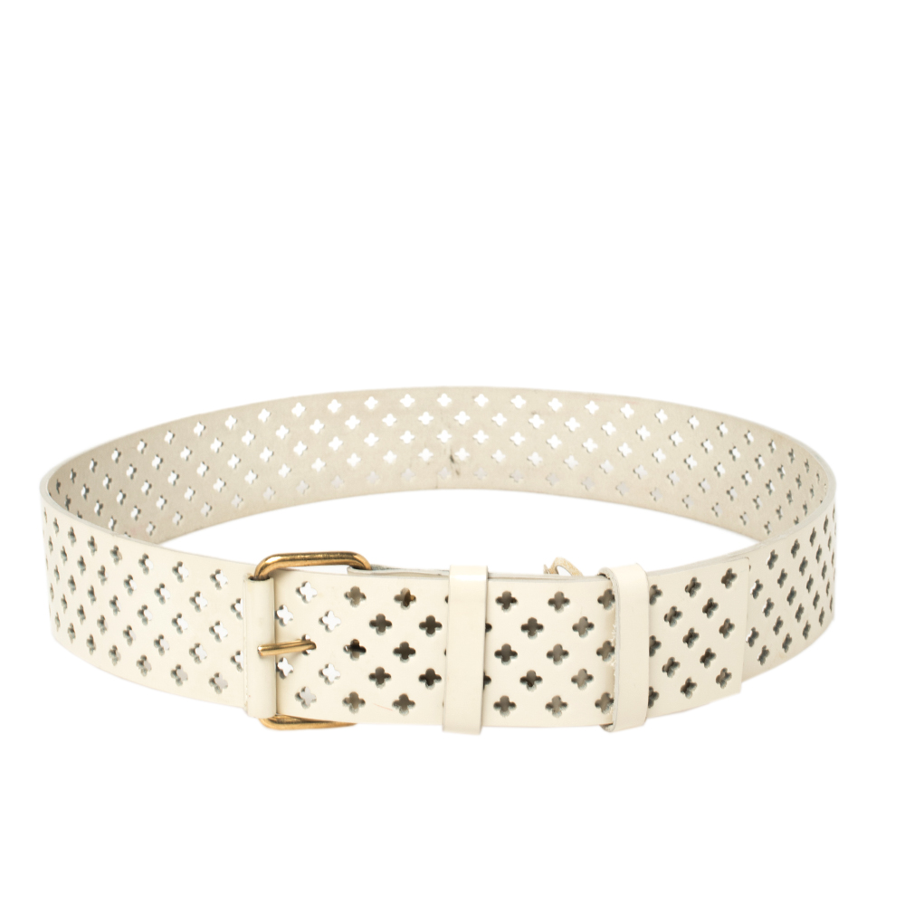 Yves Saint Laurent White Perforated Patent Leather Buckle Belt 90CM