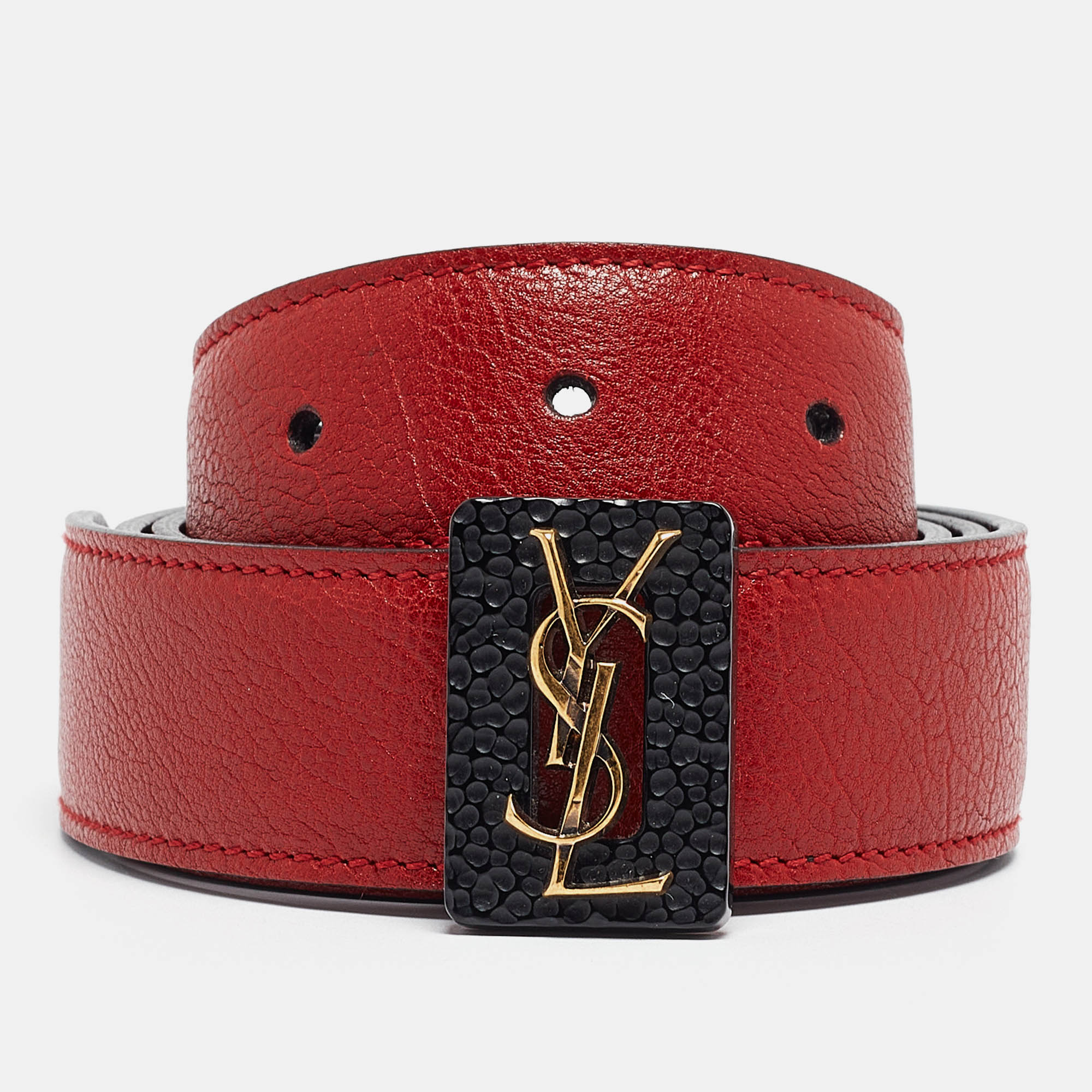 Yves saint laurent red/black leather monogram reversible waist belt m