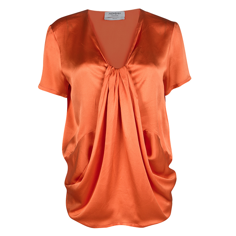 Image of Yves Saint Laurent Orange Silk Draped Front Short Sleeve Blouse M