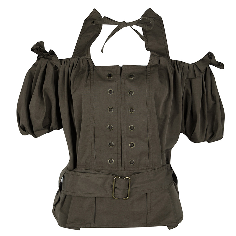 Image of Yves Saint Laurent Olive Green Tie Detail Off Shoulder Belted Safari Top M