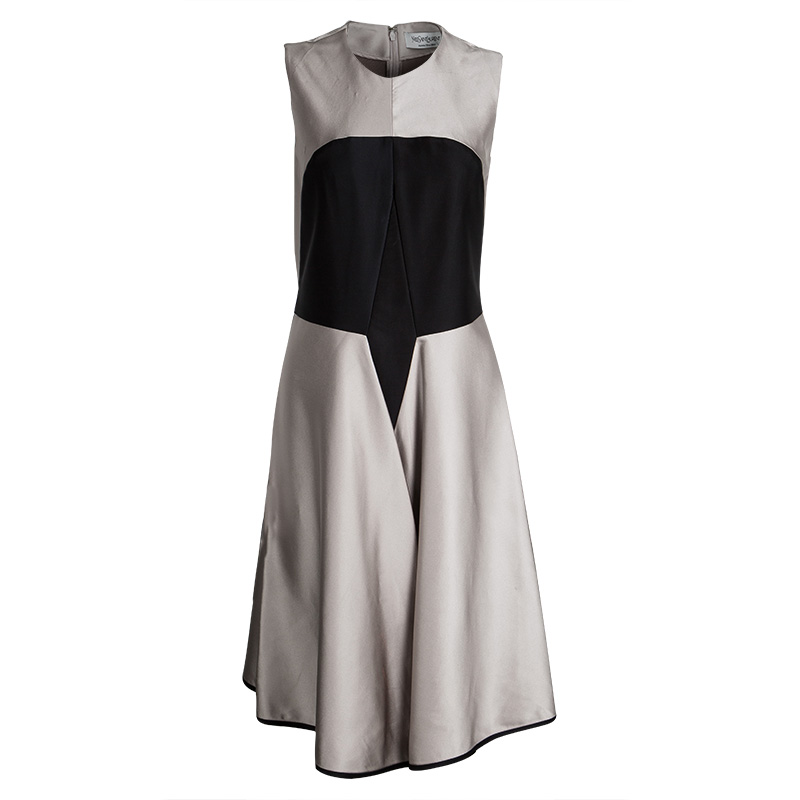 Image of Yves Saint Laurent Colorblock Silk Flared Bottom Sleeveless Dress M