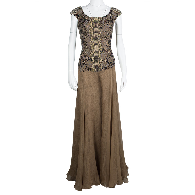 

Yves Saint Laurent Snakeskin Printed Silk Layered Embellished Sleeveless Gown, Beige