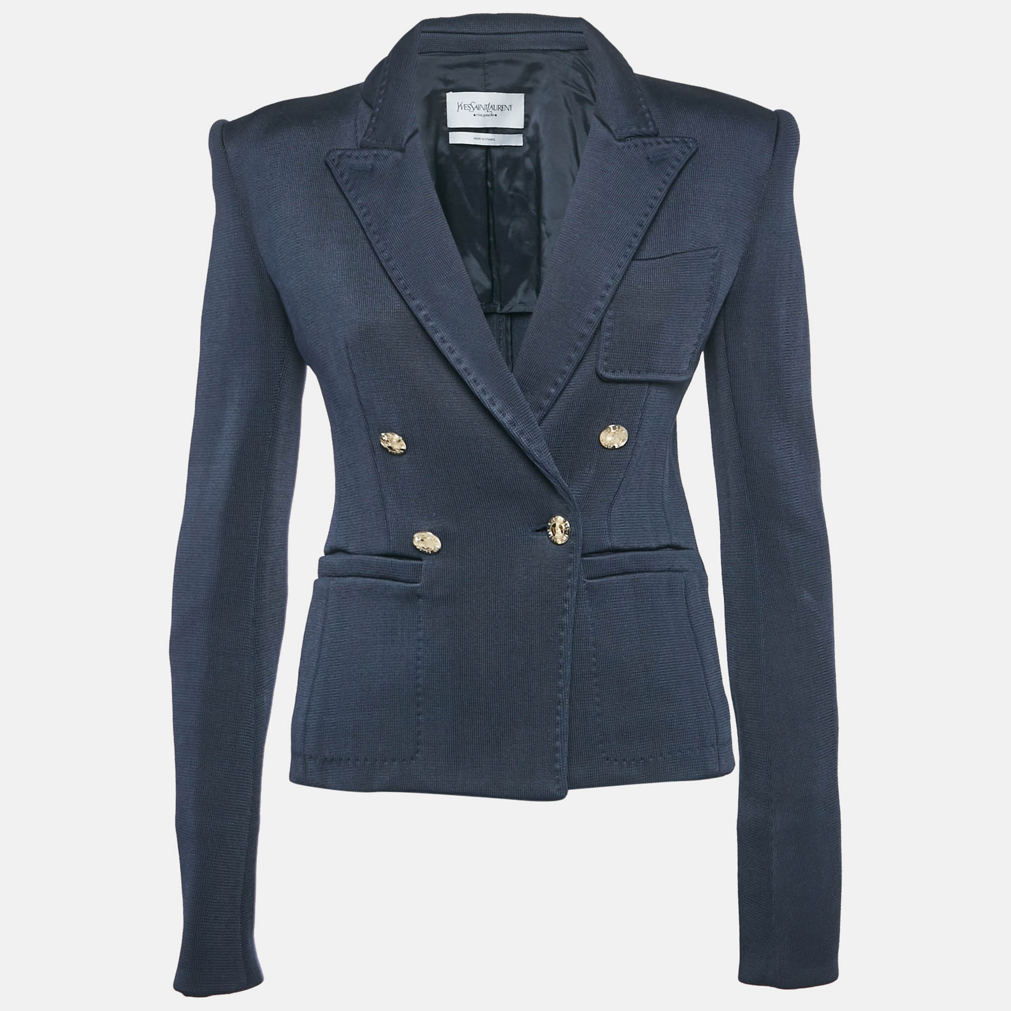 Yves Saint Laurent Navy Blue Rib Knit Double Breasted Blazer S
Yves Saint Laurent Navy Blue Rib Knit Double Breasted Blazer S